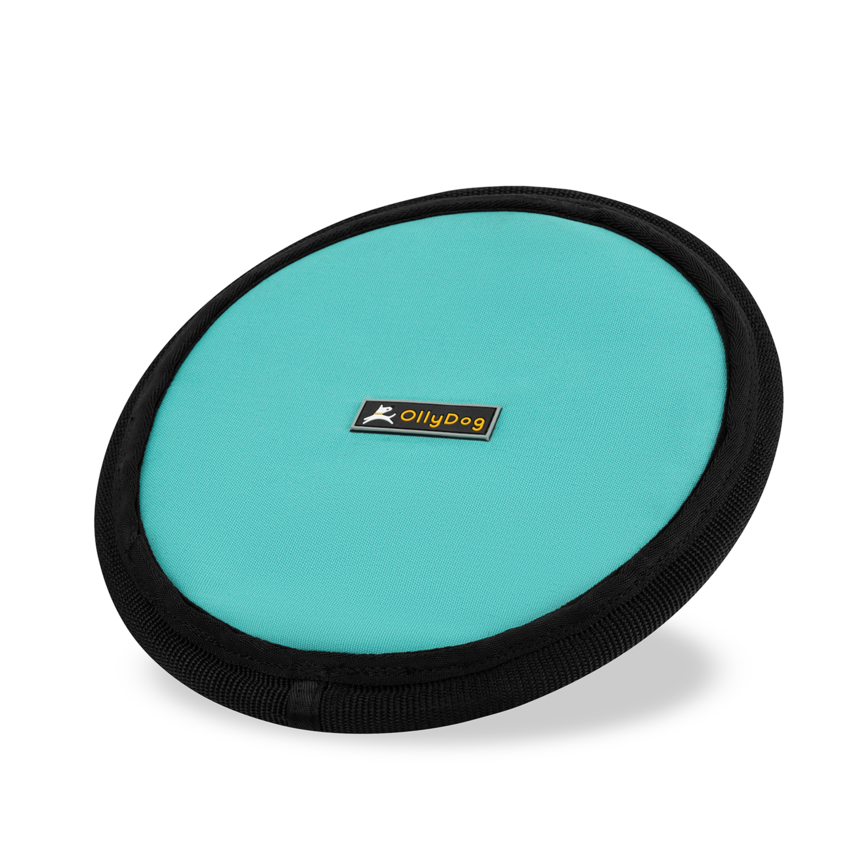 Angled front view of OllyDog’s Flyer Disc in Bright Aqua, a colorful dog frisbee toy crafted from durable, flexible material. This non-toxic dog toy is ideal for playing fetch and can also function as a floating dog toy for water activities, making it a great dog fetch toy. #color_bright aqua