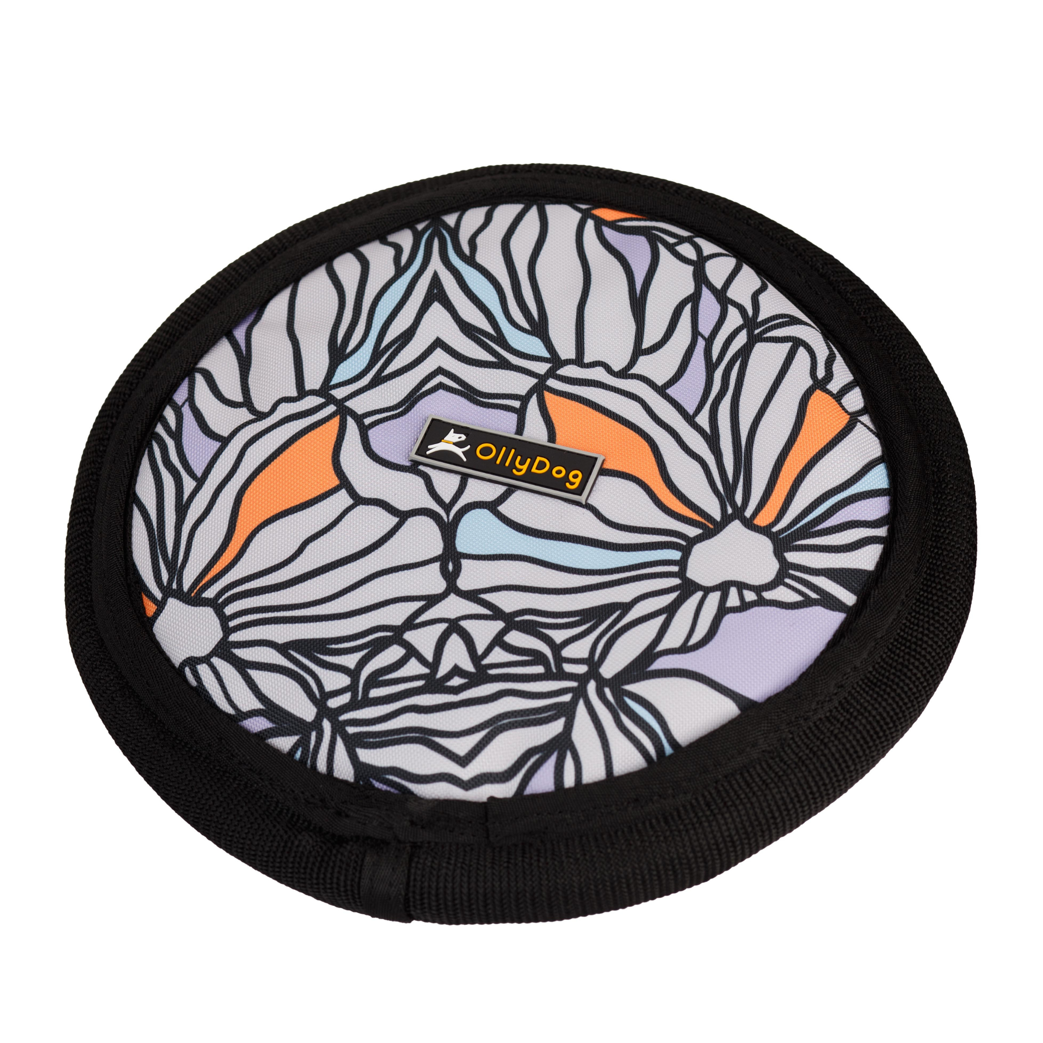 Angled front view of OllyDog’s Flyer Disc in Bloom, a colorful dog frisbee toy crafted from durable, flexible material. This non-toxic dog toy is ideal for playing fetch and can also function as a floating dog toy for water activities, making it a great dog fetch toy. #color_bloom