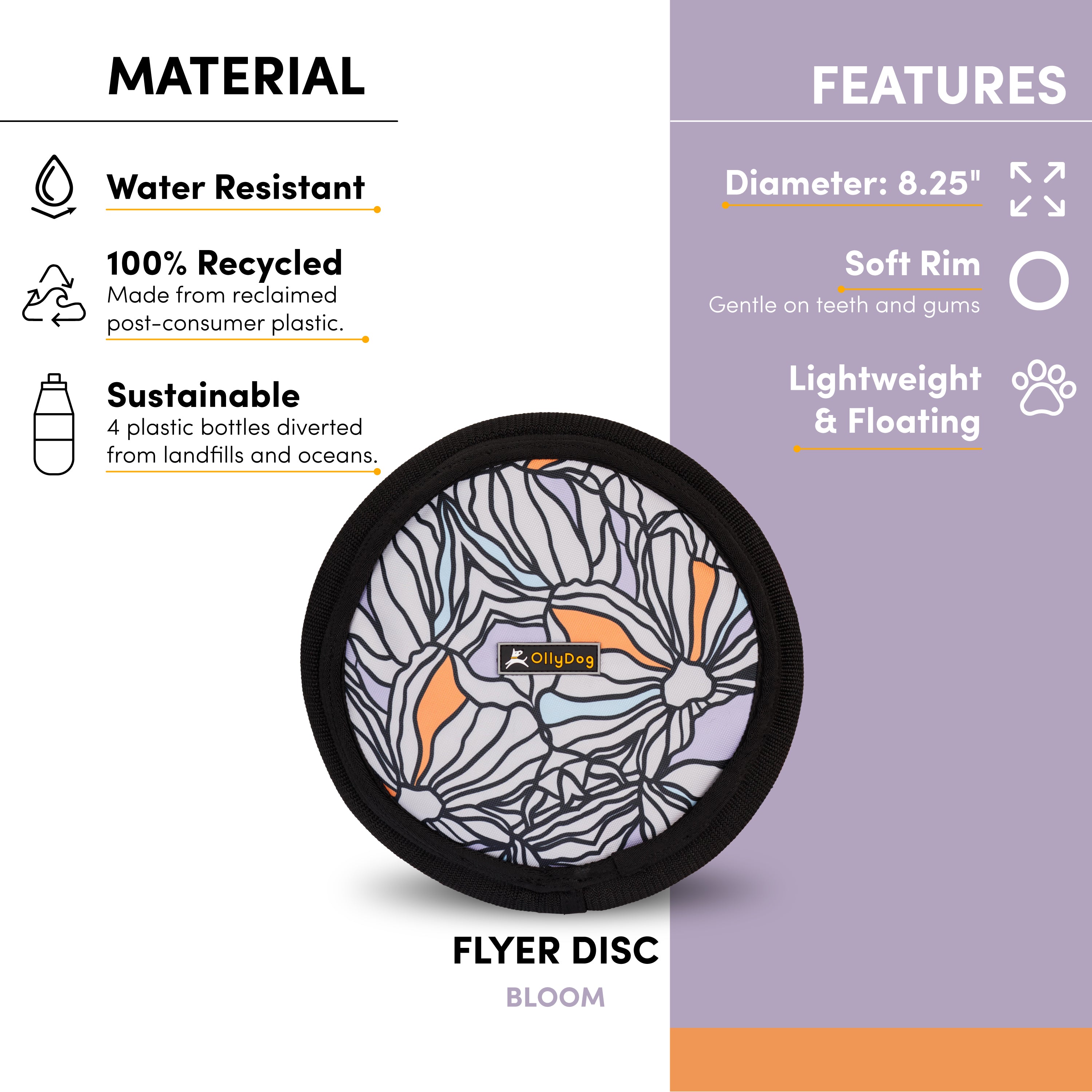 An image highlighting the features of the Flyer Disc, including its water-resistant material, 100% recycled construction from four repurposed plastic bottles, and an 8.25” diameter. This lightweight dog fetch toy has a soft rim that is gentle on teeth and gums, making it an ideal floating water toy for dogs. #color_bloom