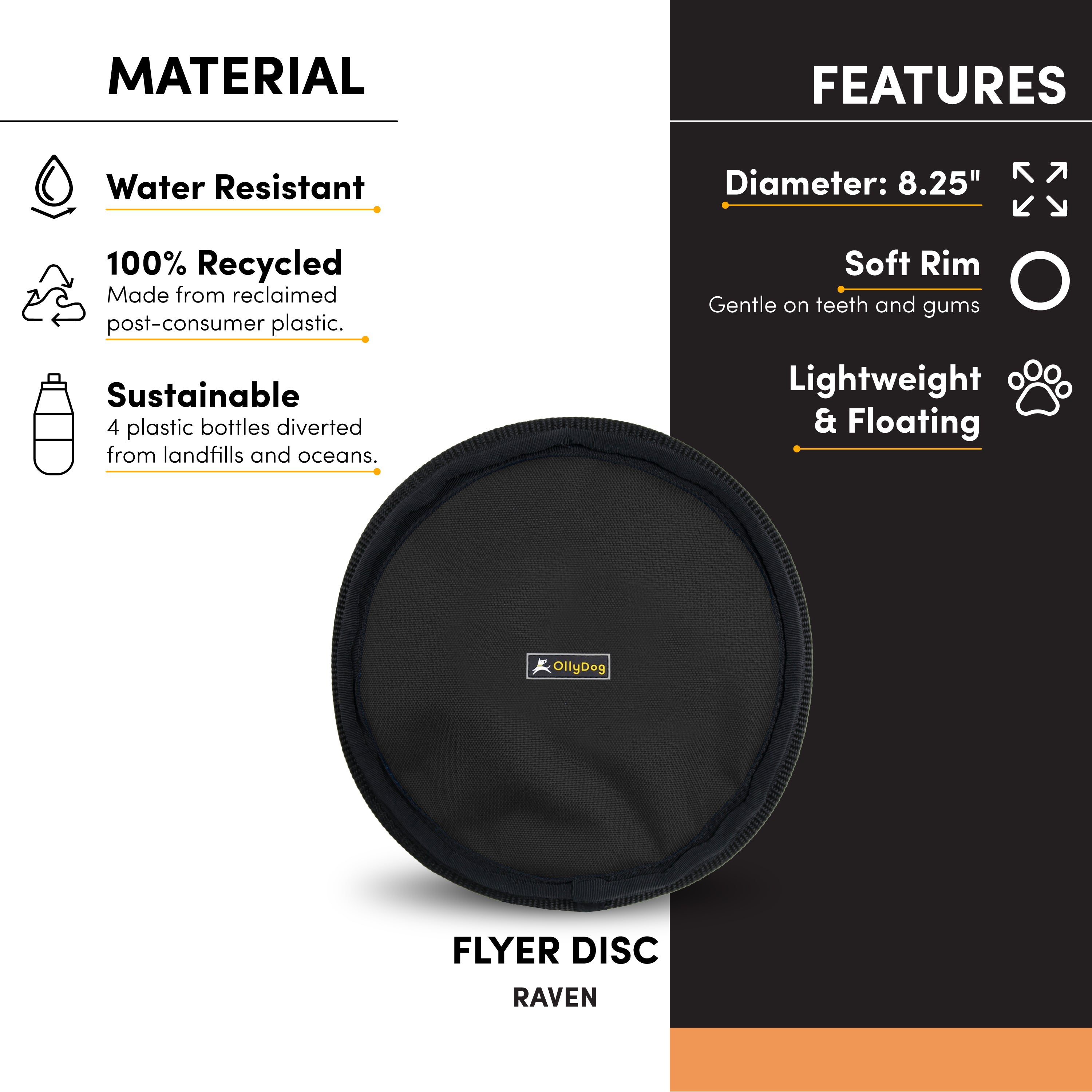 An image highlighting the features of the Flyer Disc, including its water-resistant material, 100% recycled construction from four repurposed plastic bottles, and an 8.25” diameter. This lightweight dog fetch toy has a soft rim that is gentle on teeth and gums, making it an ideal floating water toy for dogs. #color_raven
