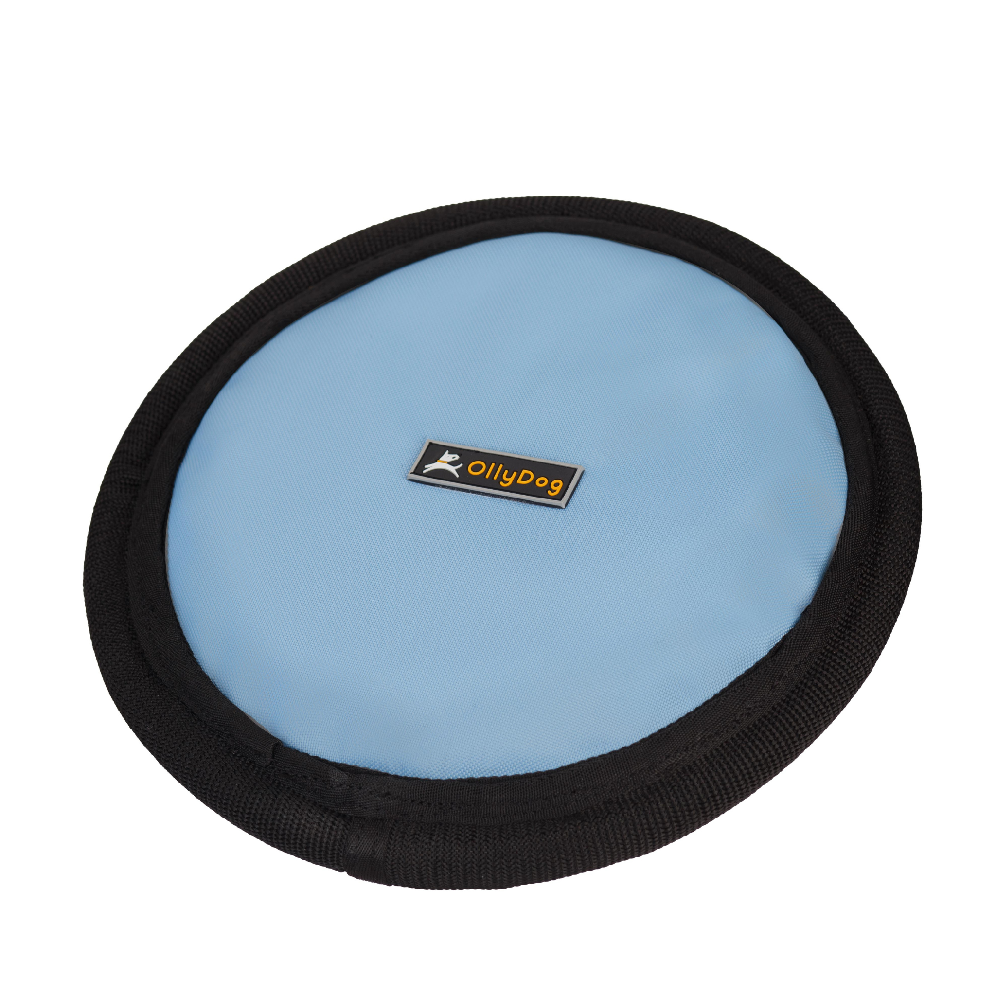 Angled front view of OllyDog’s Flyer Disc in Maui Blue, a colorful dog frisbee toy crafted from durable, flexible material. This non-toxic dog toy is ideal for playing fetch and can also function as a floating dog toy for water activities, making it a great dog fetch toy. #color_maui blue