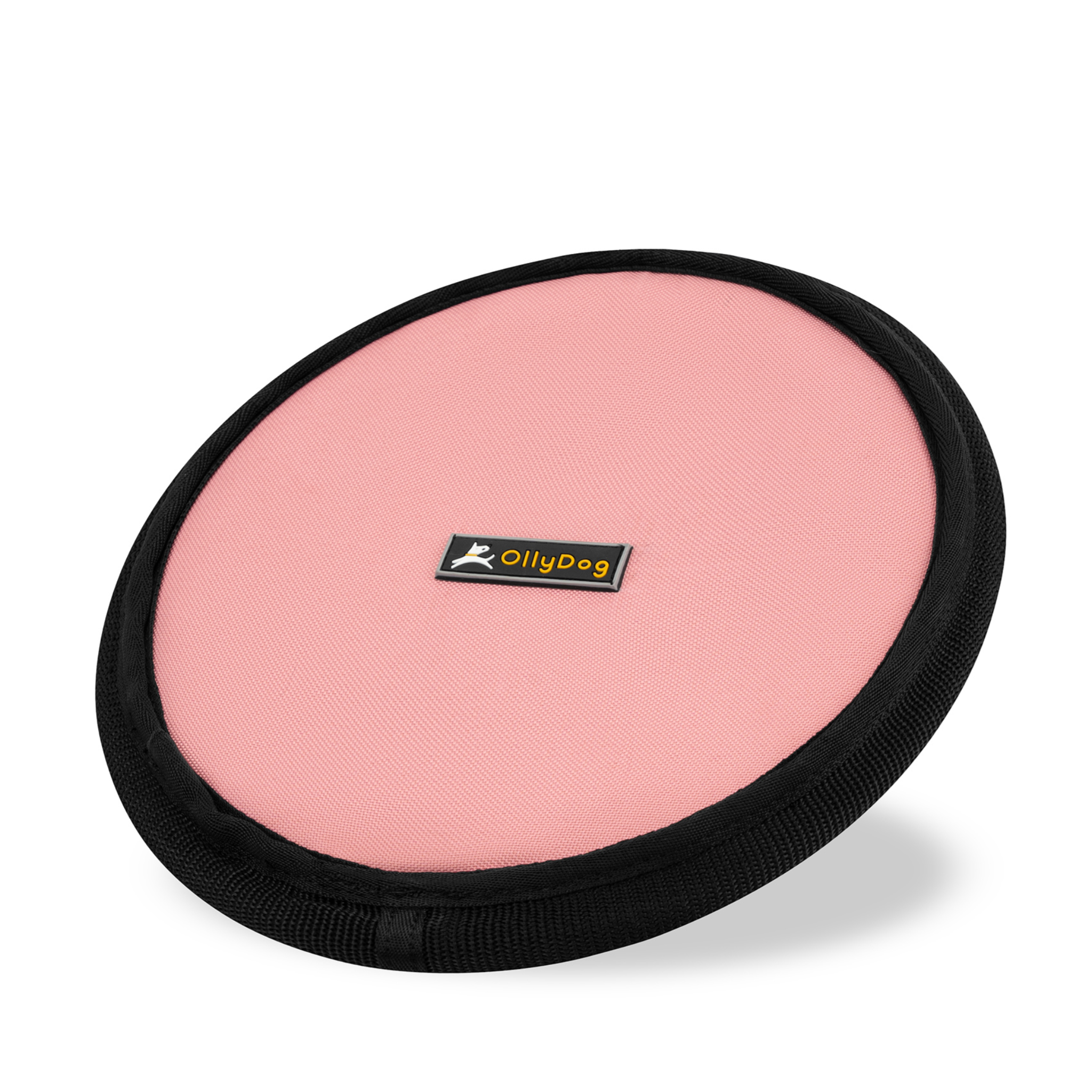 Angled front view of OllyDog’s Flyer Disc in Strawberry Ice, a colorful dog frisbee toy crafted from durable, flexible material. This non-toxic dog toy is ideal for playing fetch and can also function as a floating dog toy for water activities, making it a great dog fetch toy. #color_strawberry ice