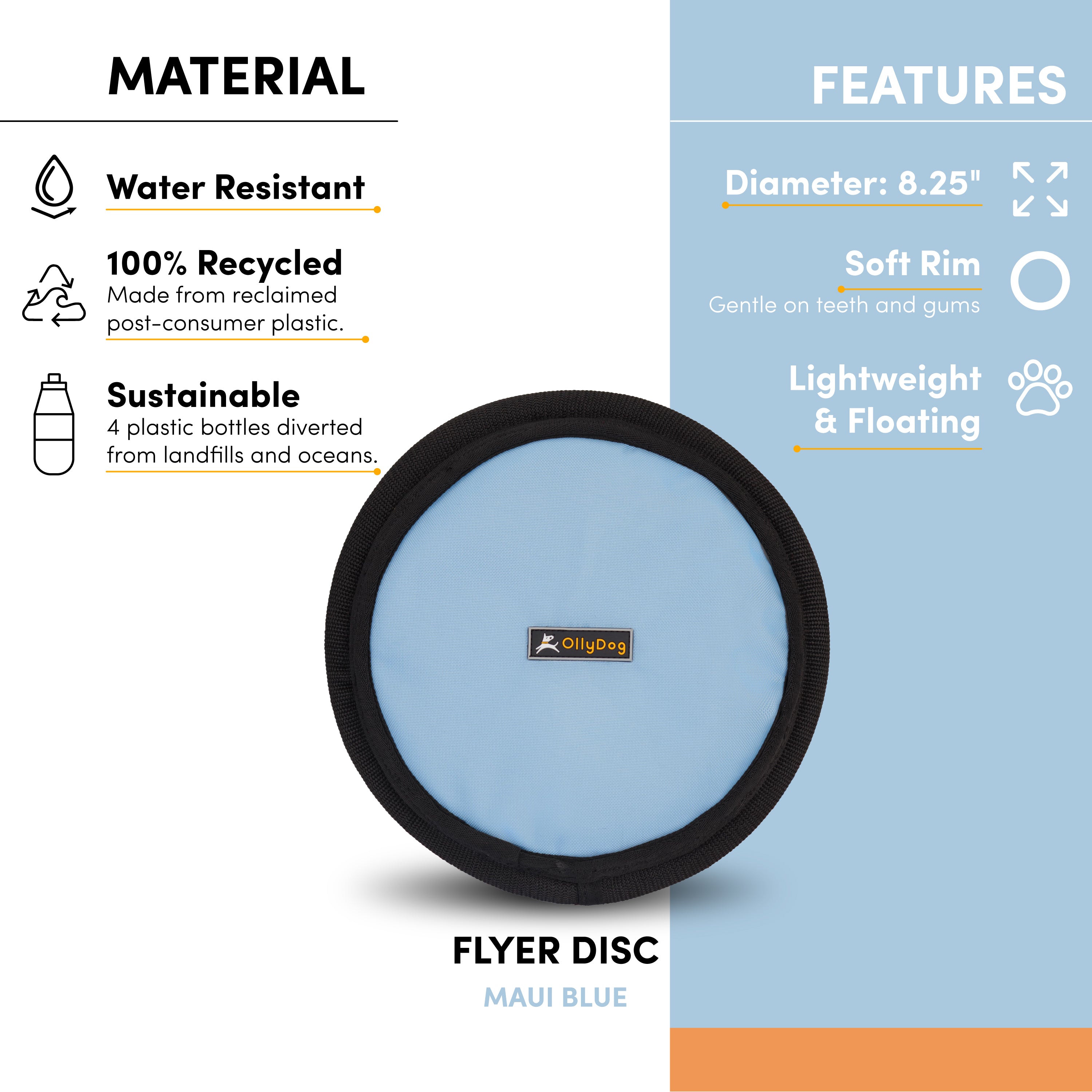 An image highlighting the features of the Flyer Disc, including its water-resistant material, 100% recycled construction from four repurposed plastic bottles, and an 8.25” diameter. This lightweight dog fetch toy has a soft rim that is gentle on teeth and gums, making it an ideal floating water toy for dogs. #color_maui blue