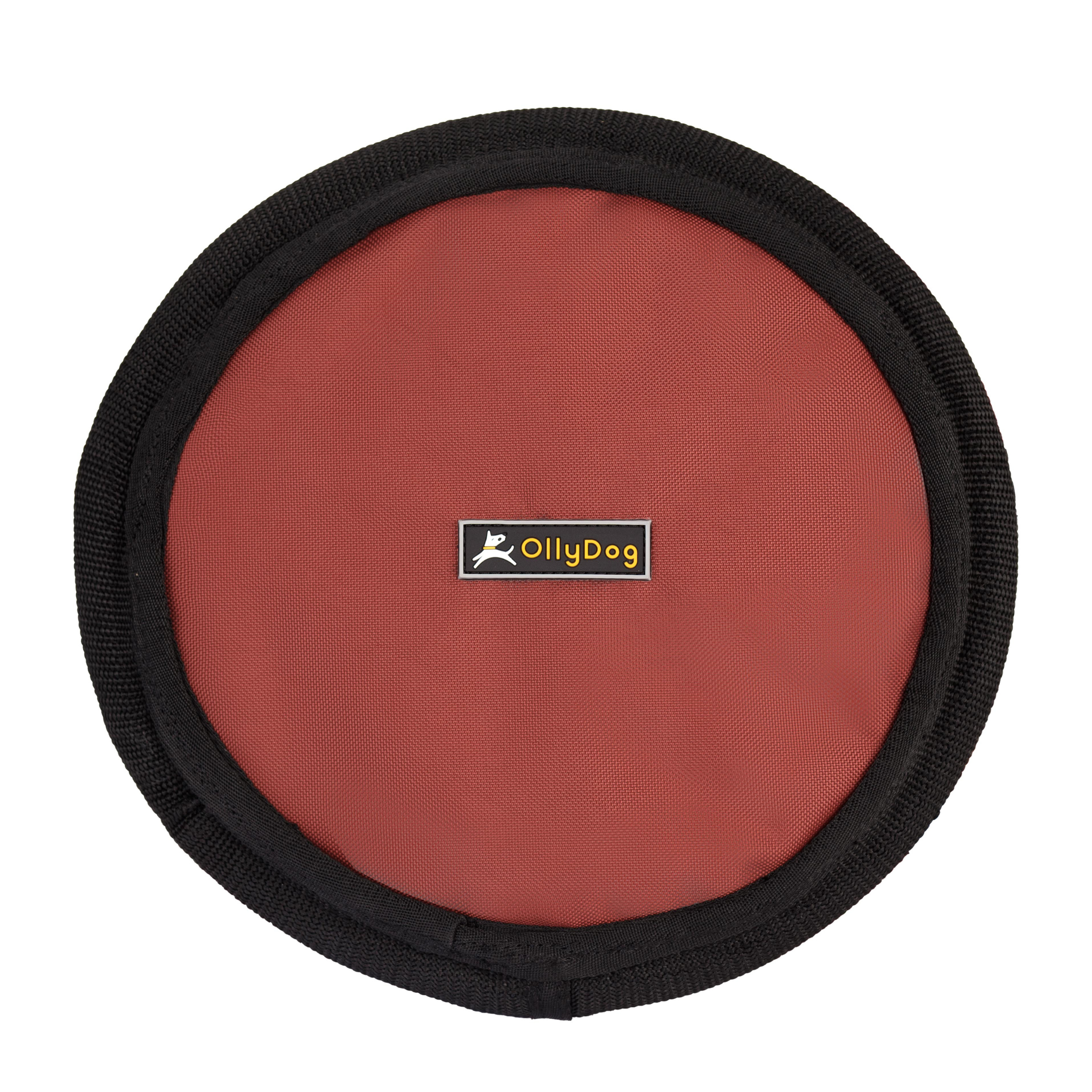 Flat front view of OllyDog’s Flyer Disc in Cider, a vibrant dog frisbee toy made from durable, flexible material. This non-toxic dog toy is perfect for playing fetch and can also serve as a floating dog toy for water play, making it an ideal dog fetch toy. #color_cider