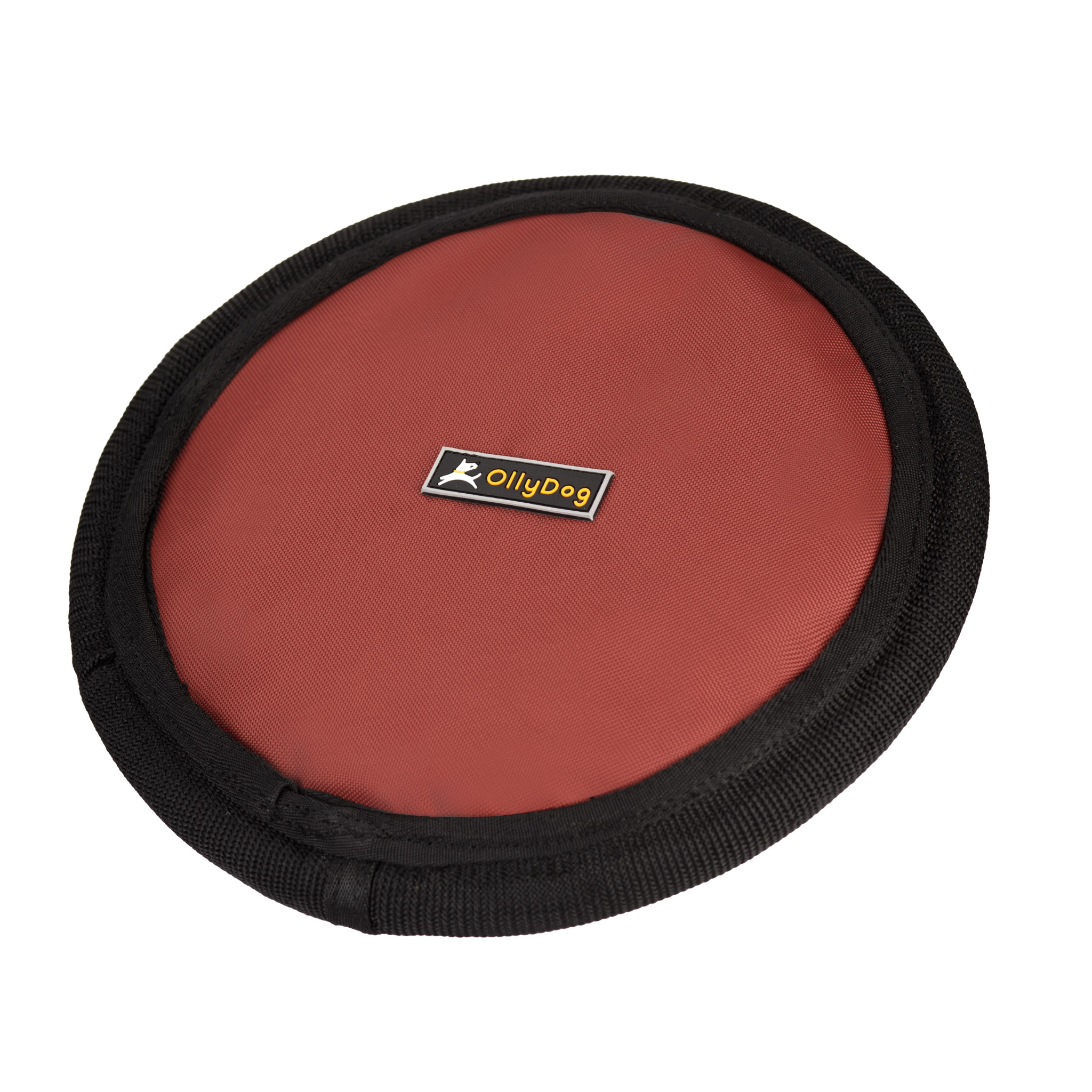 Angled front view of OllyDog’s Flyer Disc in Cider, a colorful dog frisbee toy crafted from durable, flexible material. This non-toxic dog toy is ideal for playing fetch and can also function as a floating dog toy for water activities, making it a great dog fetch toy. #color_cider
