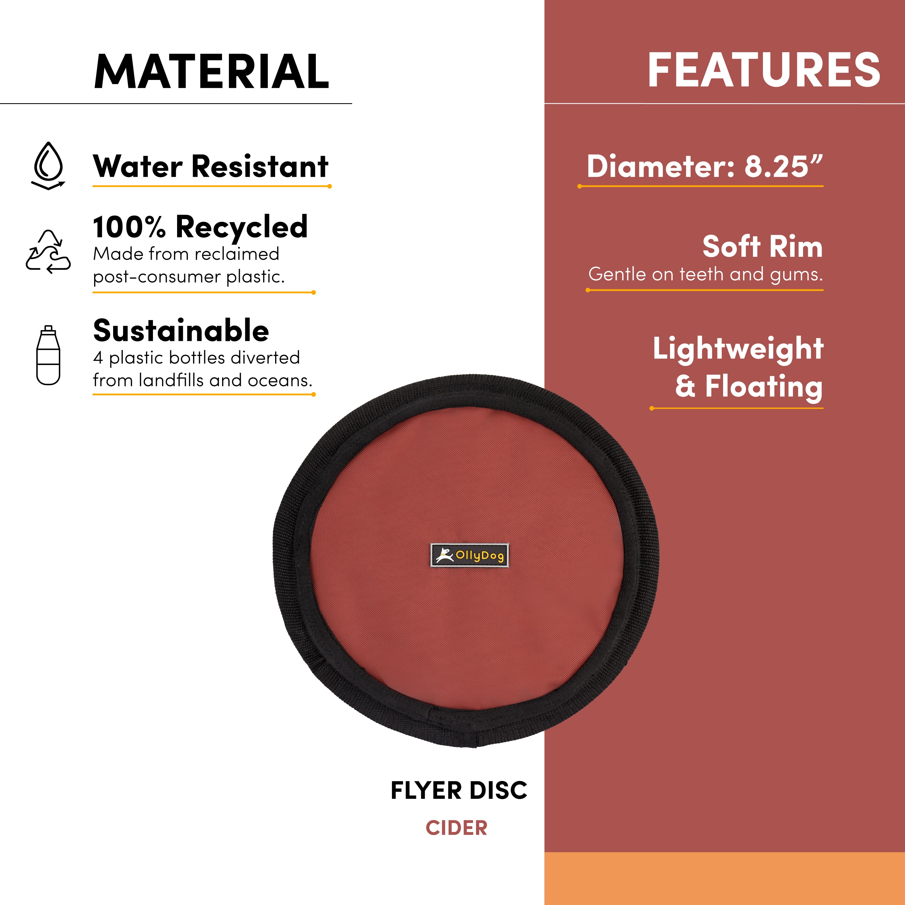 An image highlighting the features of the Flyer Disc, including its water-resistant material, 100% recycled construction from four repurposed plastic bottles, and an 8.25” diameter. This lightweight dog fetch toy has a soft rim that is gentle on teeth and gums, making it an ideal floating water toy for dogs. #color_cider