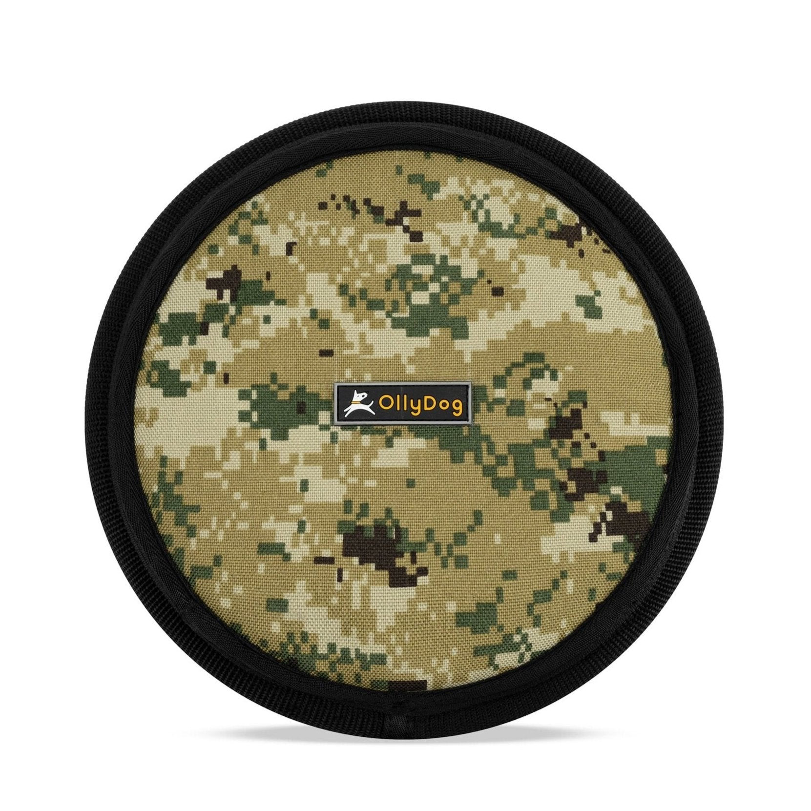 Flat front view of OllyDog’s Flyer Disc in Woodland Camo, a vibrant dog frisbee toy made from durable, flexible material. This non-toxic dog toy is perfect for playing fetch and can also serve as a floating dog toy for water play, making it an ideal dog fetch toy. #color_woodland camo