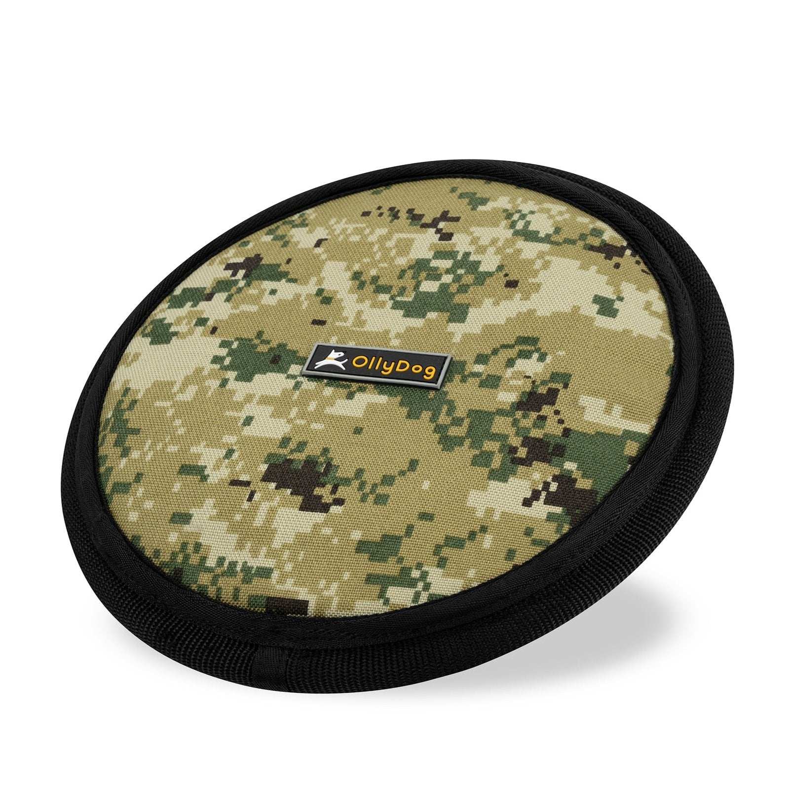 Angled front view of OllyDog’s Flyer Disc in Woodland Camo, a colorful dog frisbee toy crafted from durable, flexible material. This non-toxic dog toy is ideal for playing fetch and can also function as a floating dog toy for water activities, making it a great dog fetch toy. #color_woodland camo