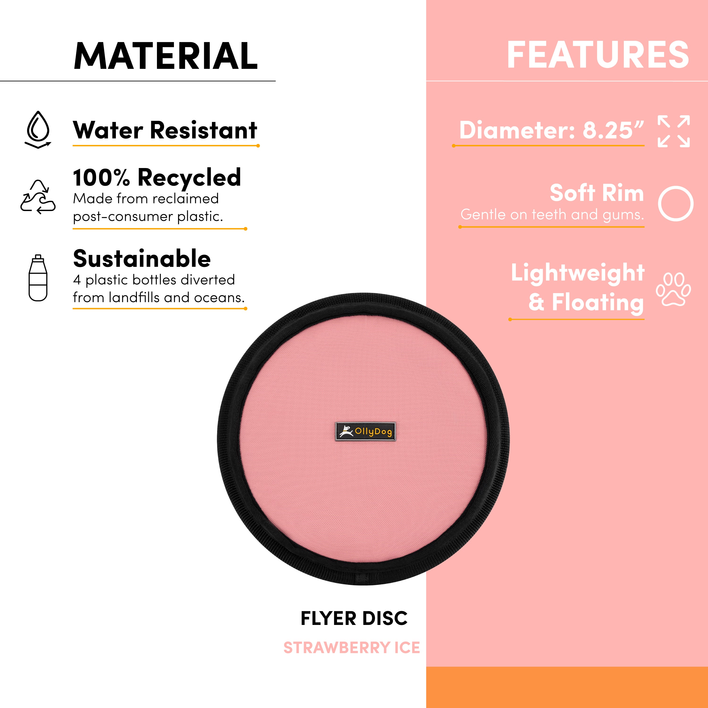 An image highlighting the features of the Flyer Disc, including its water-resistant material, 100% recycled construction from four repurposed plastic bottles, and an 8.25” diameter. This lightweight dog fetch toy has a soft rim that is gentle on teeth and gums, making it an ideal floating water toy for dogs. #color_strawberry ice