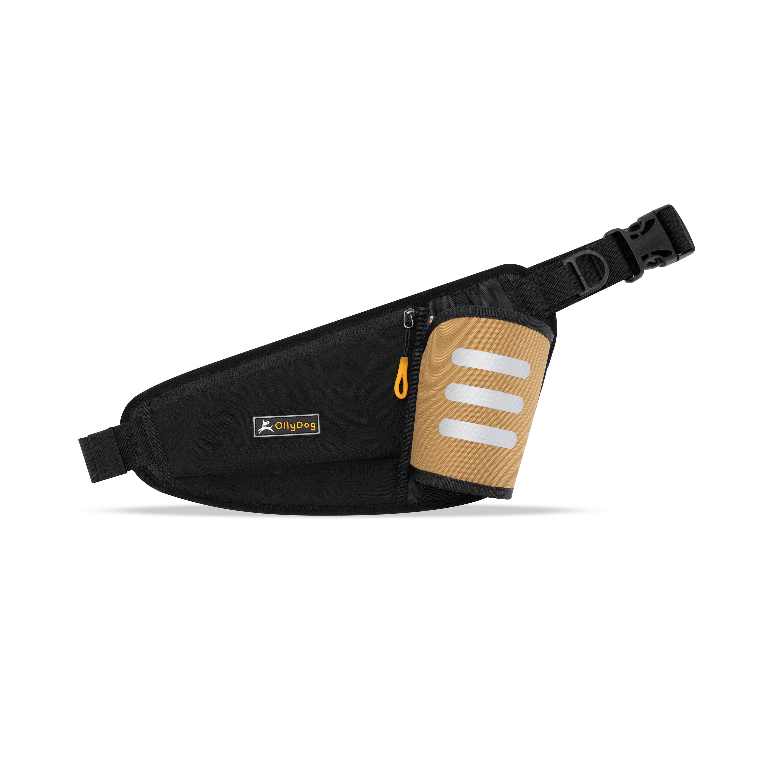 A compact black belt bag, the OllyDog Hydro-Slim Pack, features a tan side pocket with three vertical reflective stripes for visibility. It has an adjustable black waist strap with a buckle closure #color_elmwood