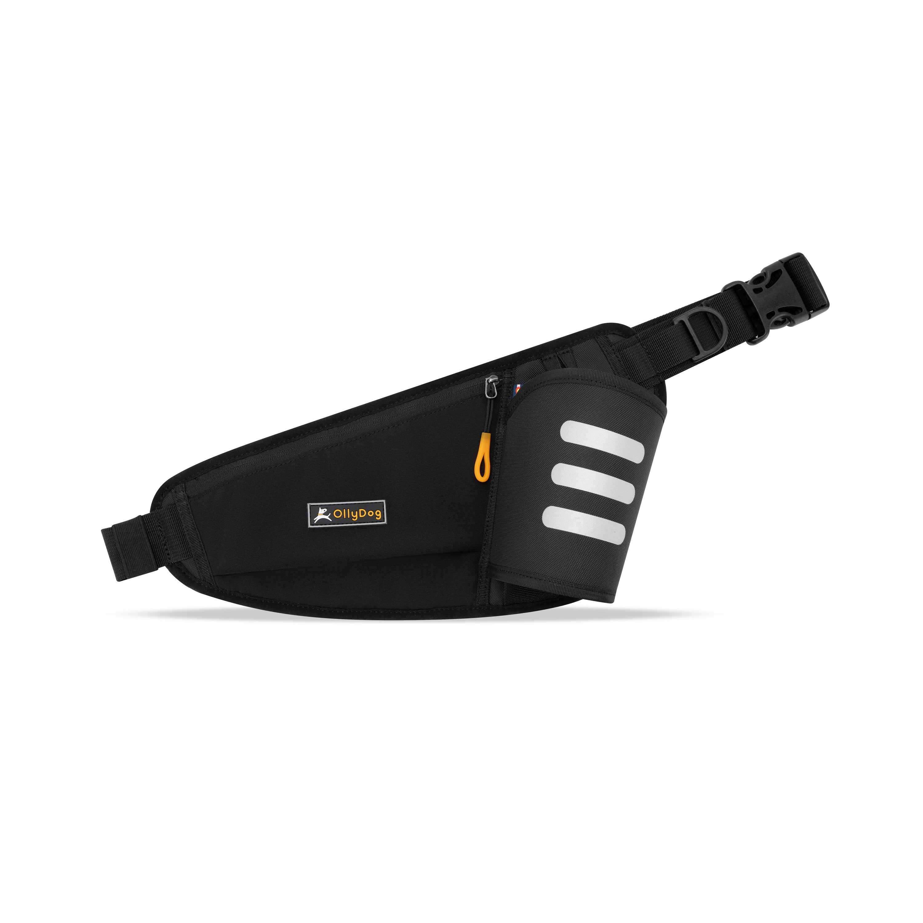 A black OllyDog Hydro-Slim Pack has a light-colored grey OllyBottle inserted into the side pocket. #color_raven