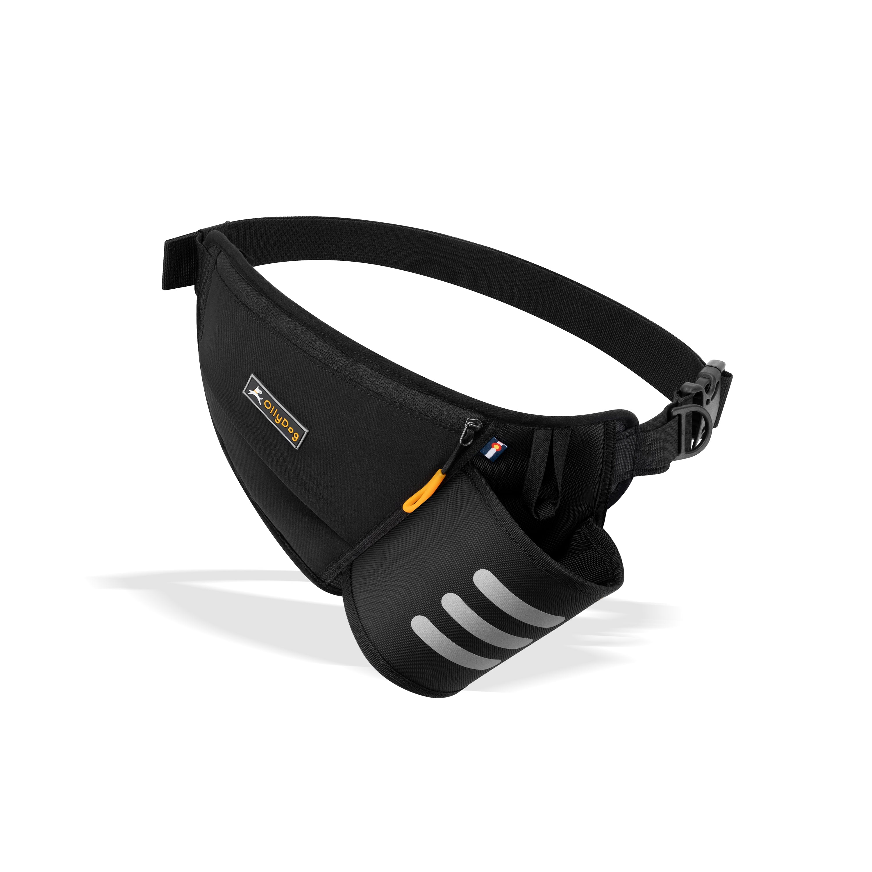 OllyDog Hydro-Slim Pack fanny pack in Raven color, a lightweight, hands-free waist bag with reflective lining, phone and key pocket, leash attachment, and bottle holder for 600mL OllyBottle, made from recycled materials
 #color_raven