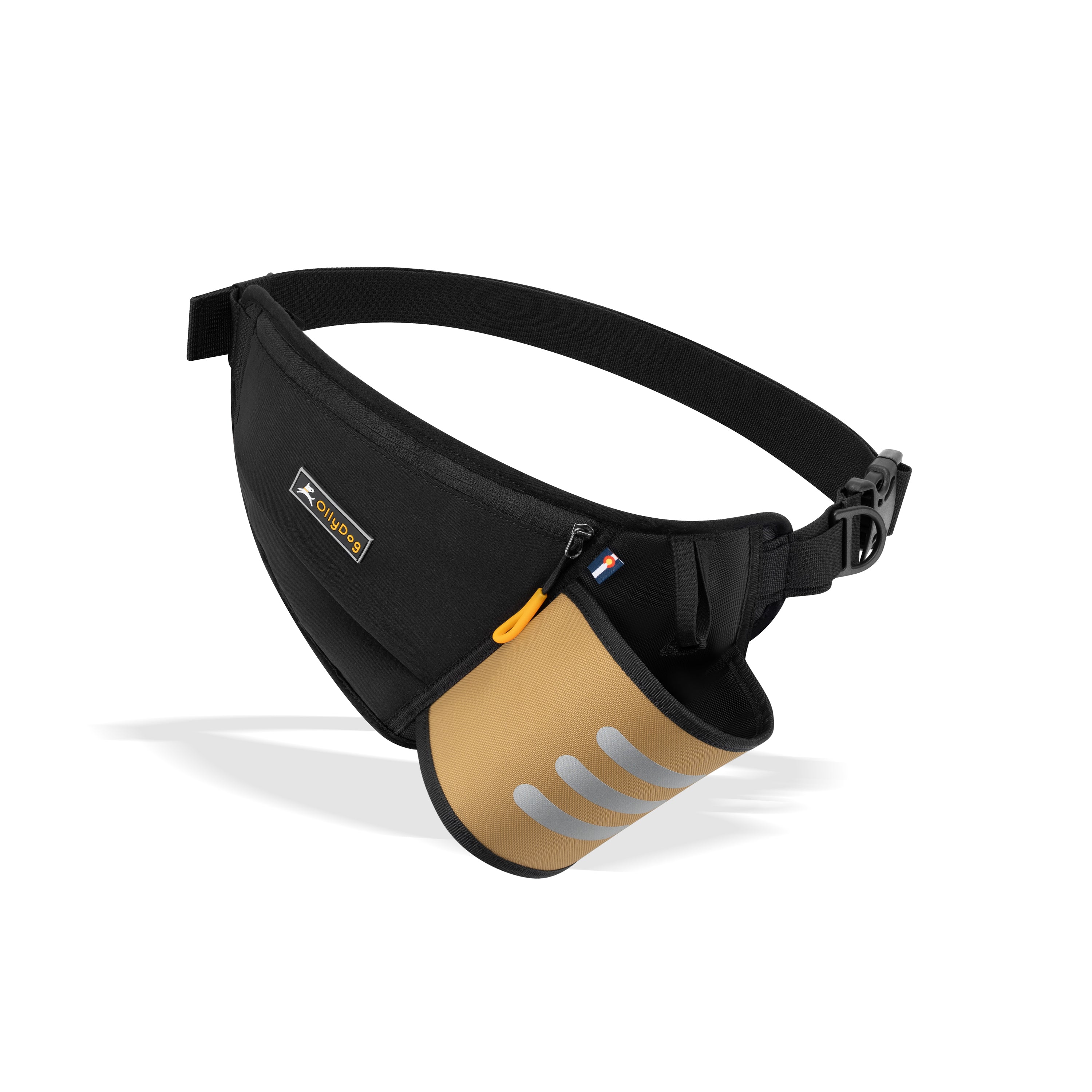 The OllyDog Hydro-Slim Pack is shown laid flat, revealing its black fabric construction, a rectangular tan pocket on the left with three vertical reflective stripes, an adjustable black waist strap extending from both sides, a black plastic buckle, and a small yellow loop attached near the tan pocket #color_elmwood