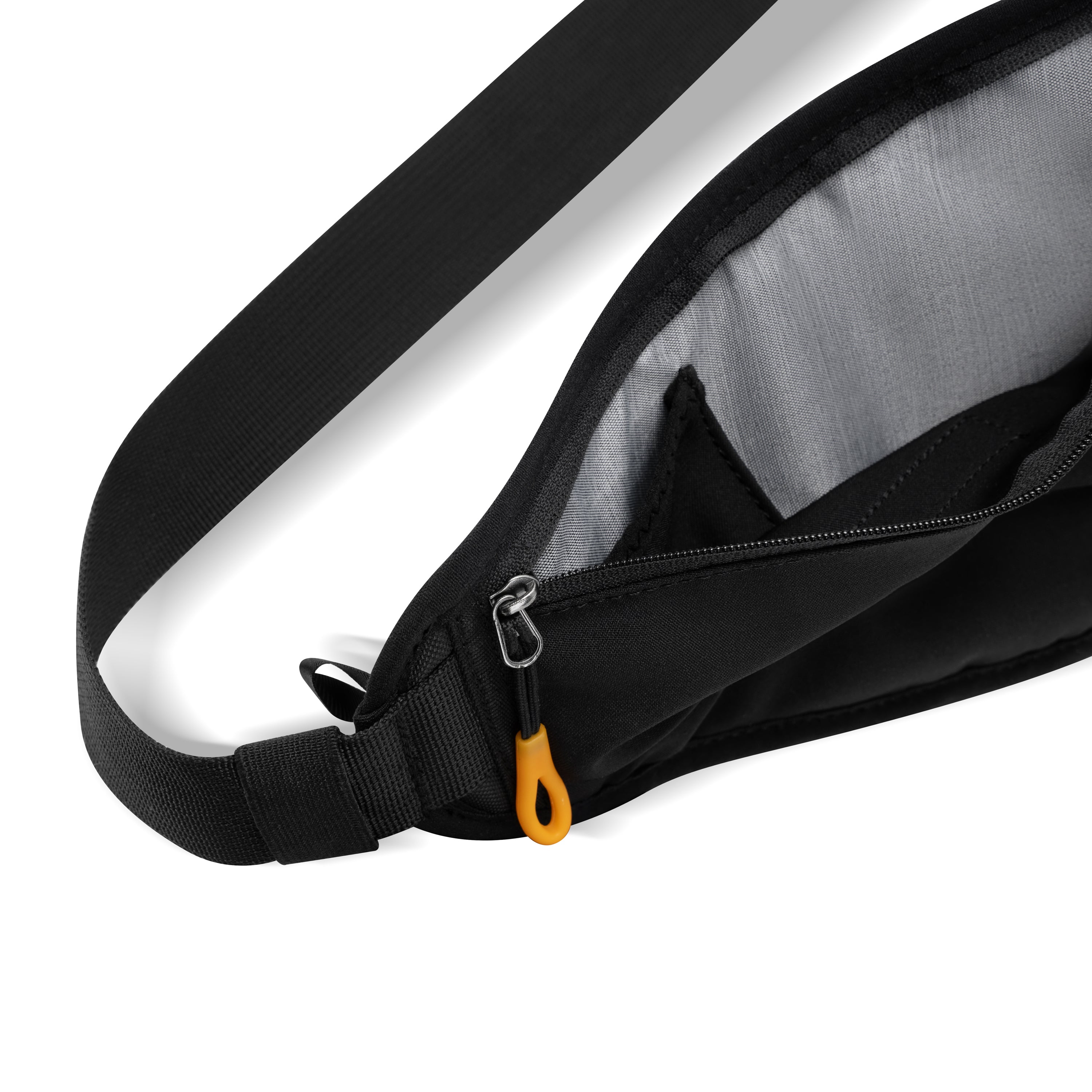 Close-up of the OllyDog Hydro-Slim Pack fanny pack in Reef color, showing the interior pocket with zip closure, reflective lining, and part of the adjustable waist strap for secure fit and convenience #color_reef