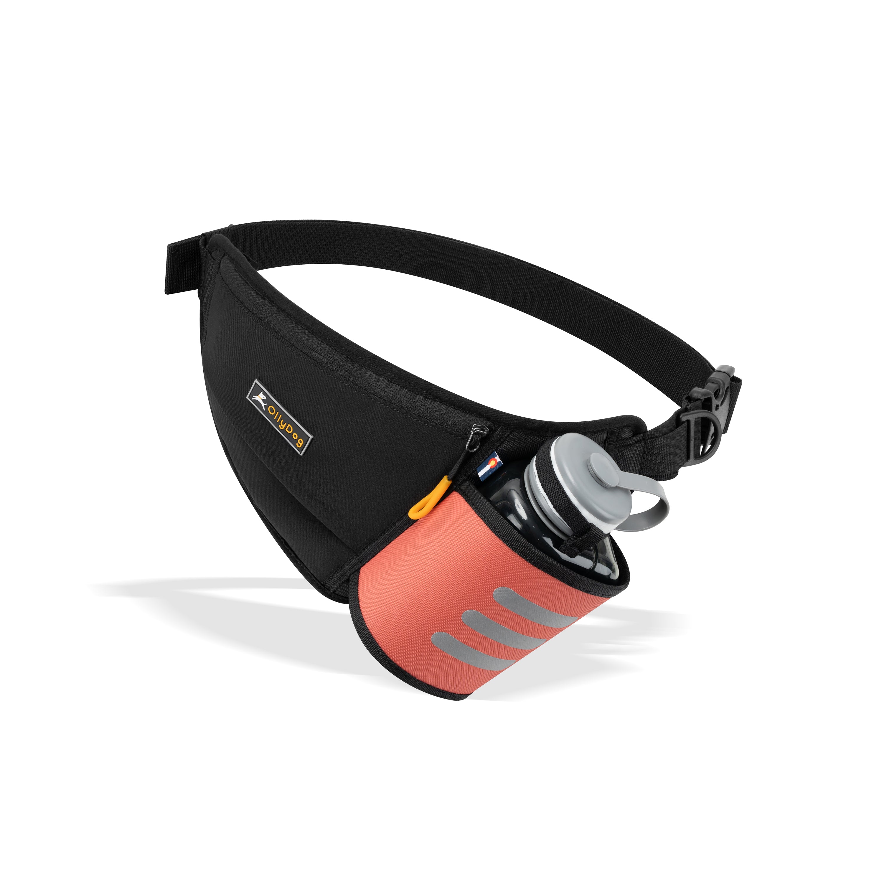 OllyDog Hydro-Slim Pack fanny pack in Reef color, shown with a 600mL OllyBottle placed in the reflective bottle holder, featuring a zippered pocket and adjustable strap for hands-free walking or running #color_reef