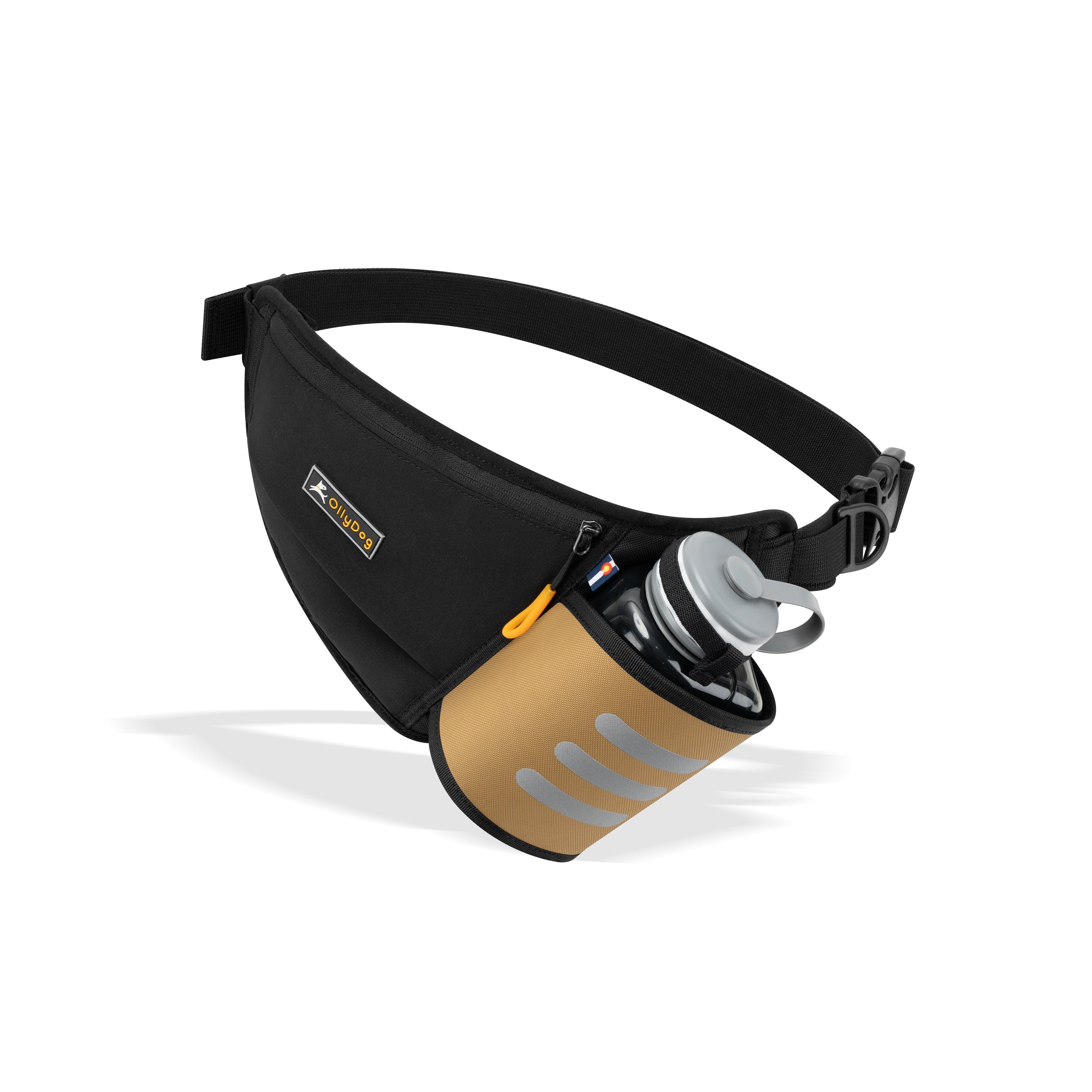 A black OllyDog Hydro-Slim Pack with a tan pocket is worn around a person's waist, holding a grey OllyBottle in the side pocket. The bag features reflective stripes #color_elmwood
