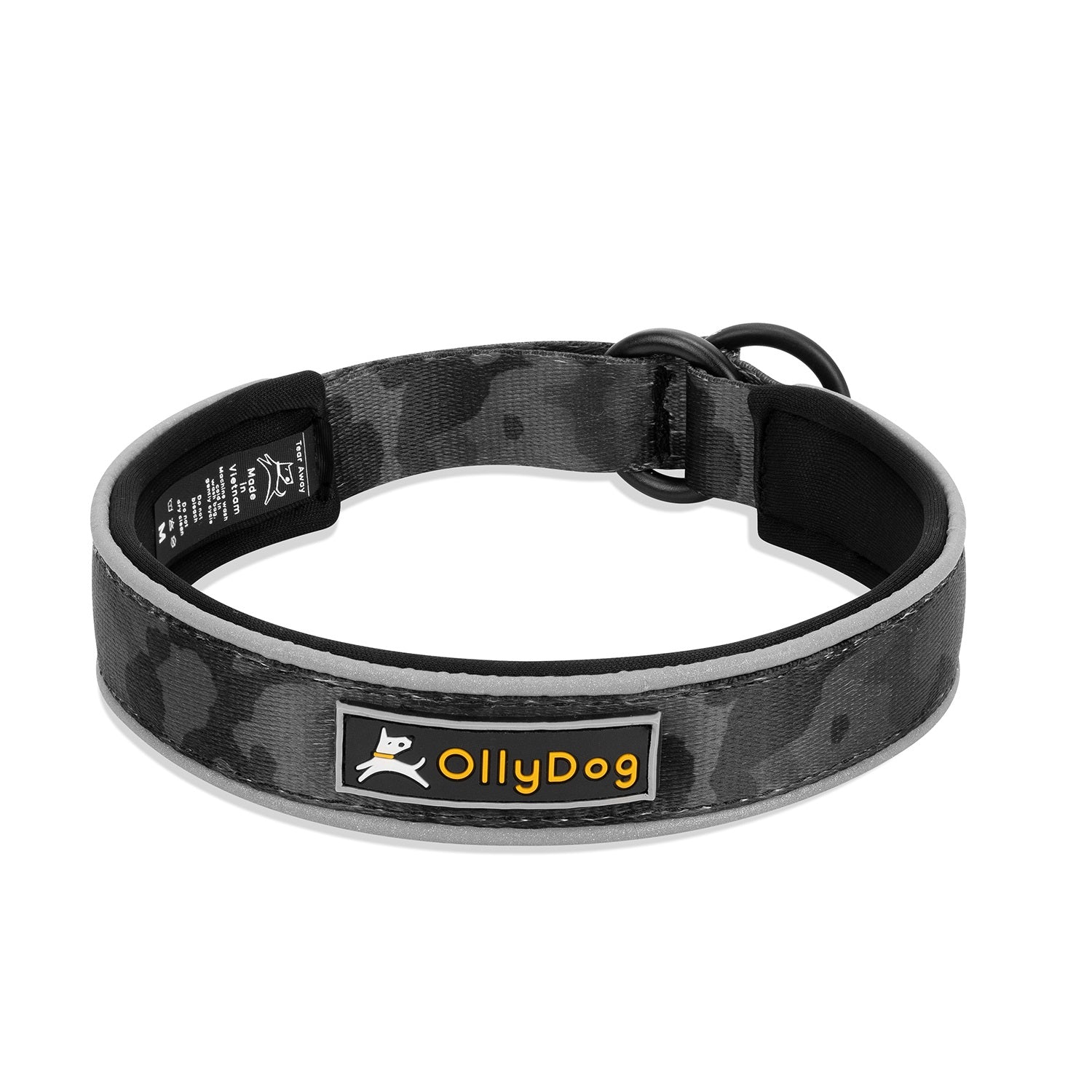 OllyDog Martingale Reflective Comfort Collar in Dream Camo, featuring padded neoprene lining, sublimation polyester webbing, reflective piping for nighttime visibility, and durable metal O-ring attachment point #color_dream camo