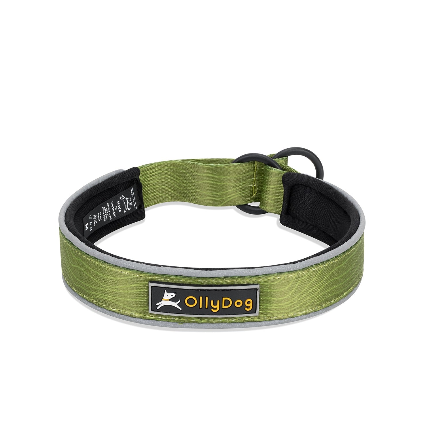 OllyDog Martingale Reflective Comfort Collar in cactus woodgrain color, featuring padded neoprene lining, sublimation polyester webbing, and black metal O-ring for leash attachment, displayed on a white background #color_cactus woodgrain
