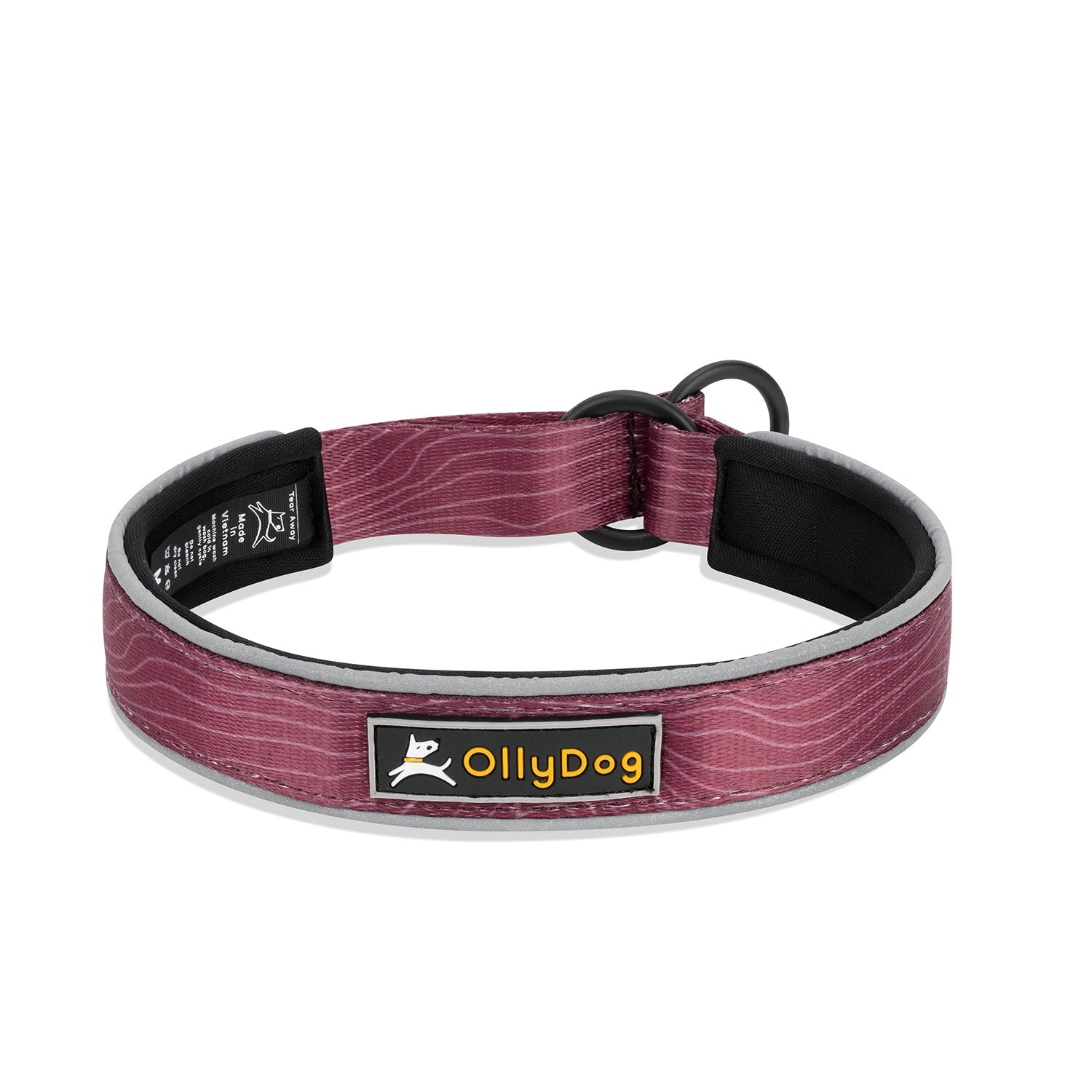 OllyDog Martingale reflective comfort dog collar in rosewood color, adjustable slip-on training collar with neoprene padding and metal O-ring, durable polyester webbing for small medium large dogs, anti-pull safety design for walking and outdoor activities #color_rosewood woodgrain