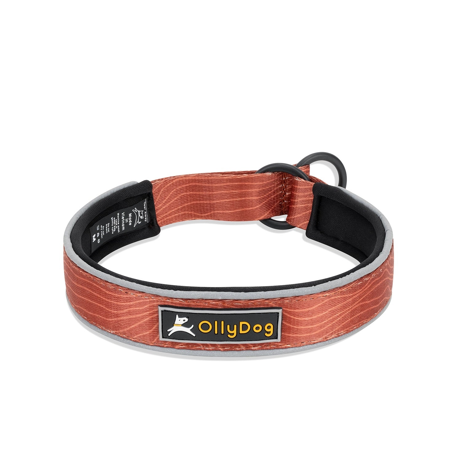 OllyDog Martingale Reflective Comfort Collar in clay woodgrain color, featuring sturdy sublimation polyester webbing, padded neoprene layer, and metal O-ring attachment point, displayed on white background #color_clay woodgrain