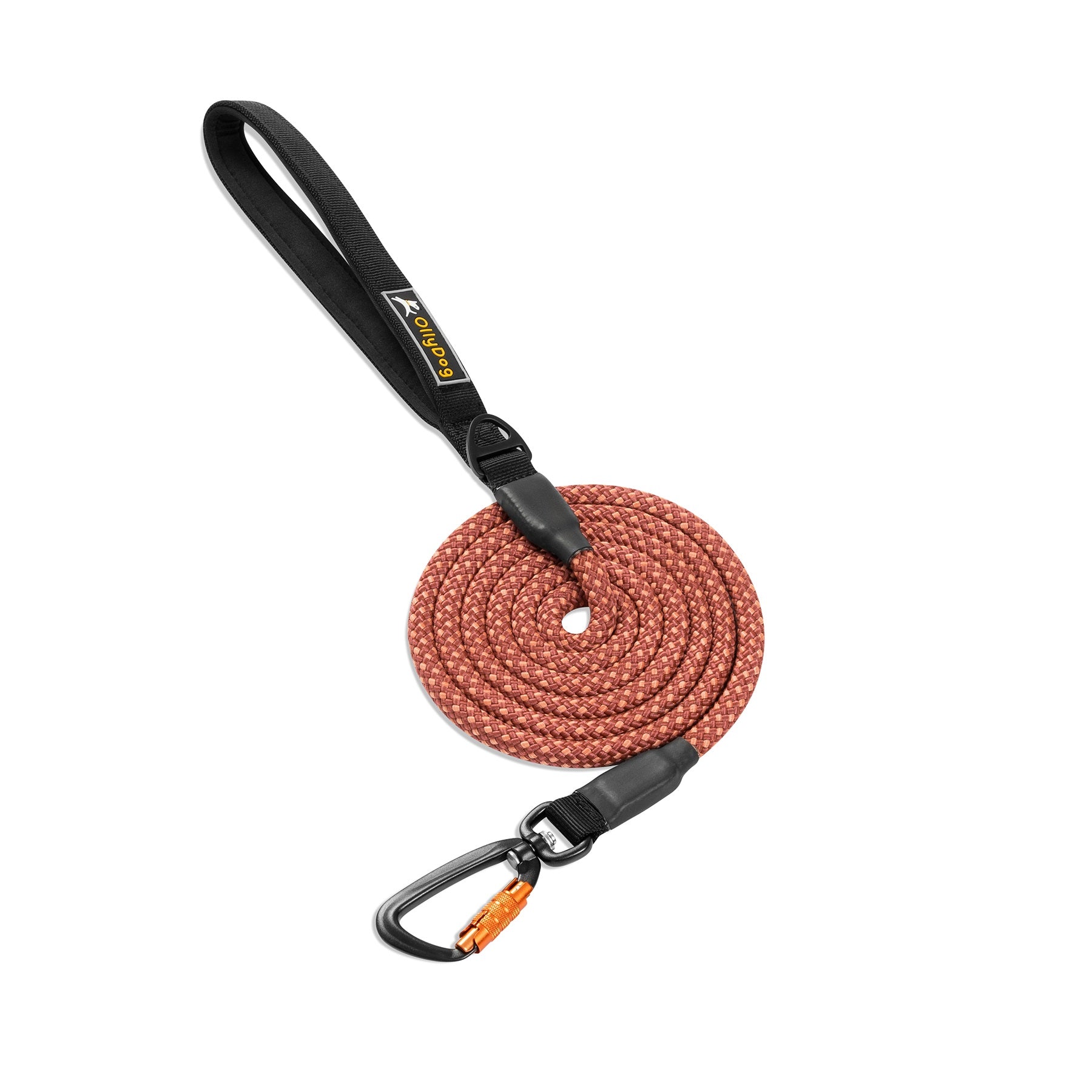 OllyDog Mountain Leash in Clay color, 75-inch durable kernmantle rope with padded handle and swivel carabiner hook. Heavy-duty nylon, lightweight, designed for outdoor adventure and rock climbing style grip #color_clay