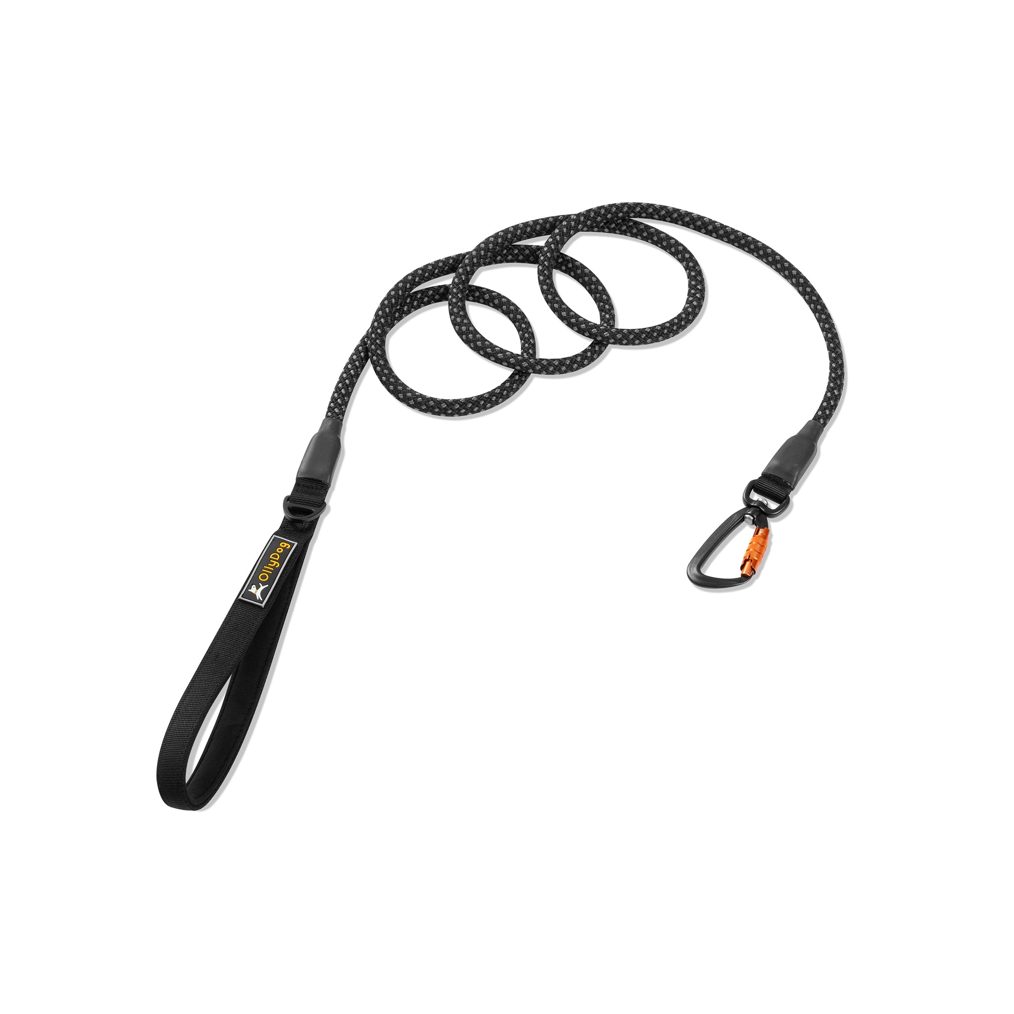OllyDog Mountain Leash in Raven color, featuring durable kernmantle rope with a secure carabiner hook for outdoor adventures and walks. Padded handle provides a comfortable grip for the owner #color_raven