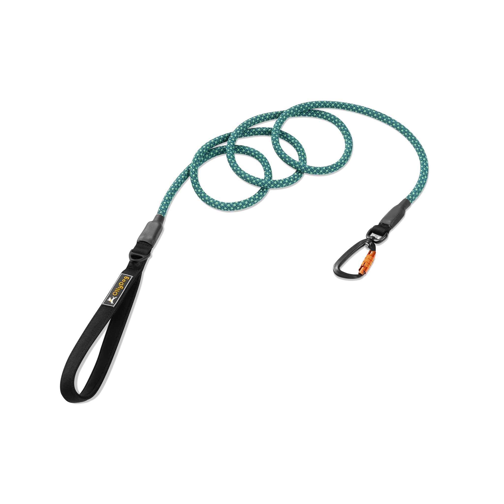 OllyDog Mountain Leash in Spruce color, showing the leash coiled with a durable carabiner and comfortable grip handle for outdoor activities with pets #color_spruce