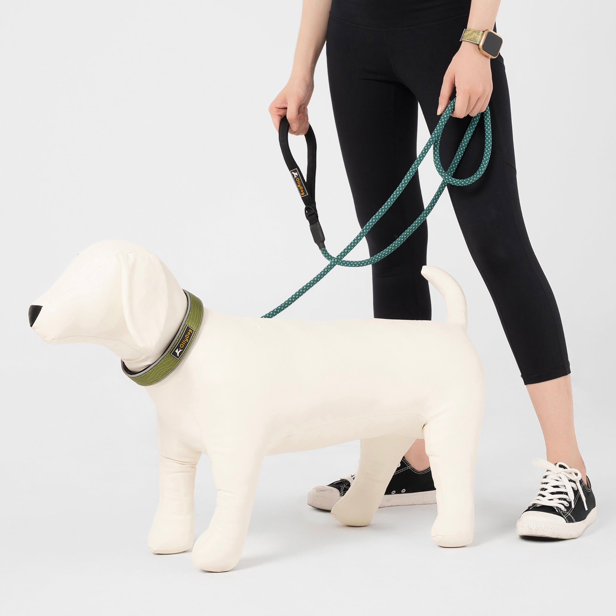 OllyDog Mountain Leash in Spruce color, being held by a person, with a durable rope and carabiner for outdoor walks and adventures with pets #color_spruce