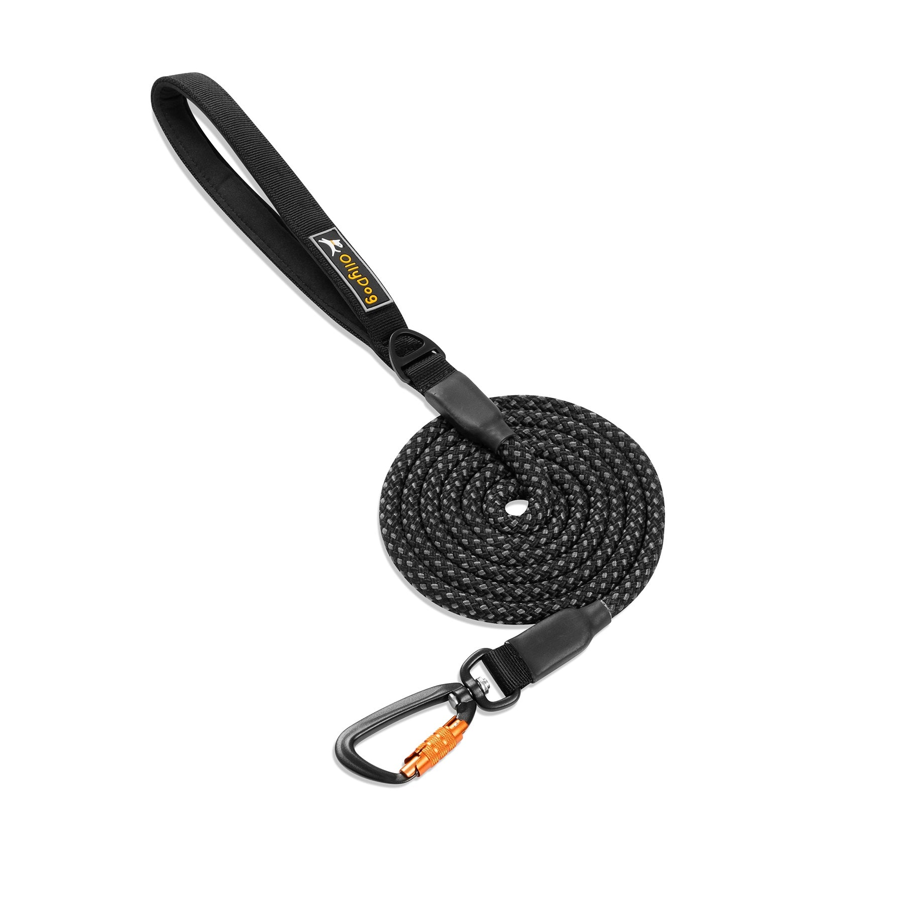 OllyDog Mountain Leash in raven color, crafted with durable and flexible kernmantle rope, featuring a heavy-duty carabiner hook for secure attachment. Ideal for outdoor adventures and walks, with a padded handle for comfort #color_raven
