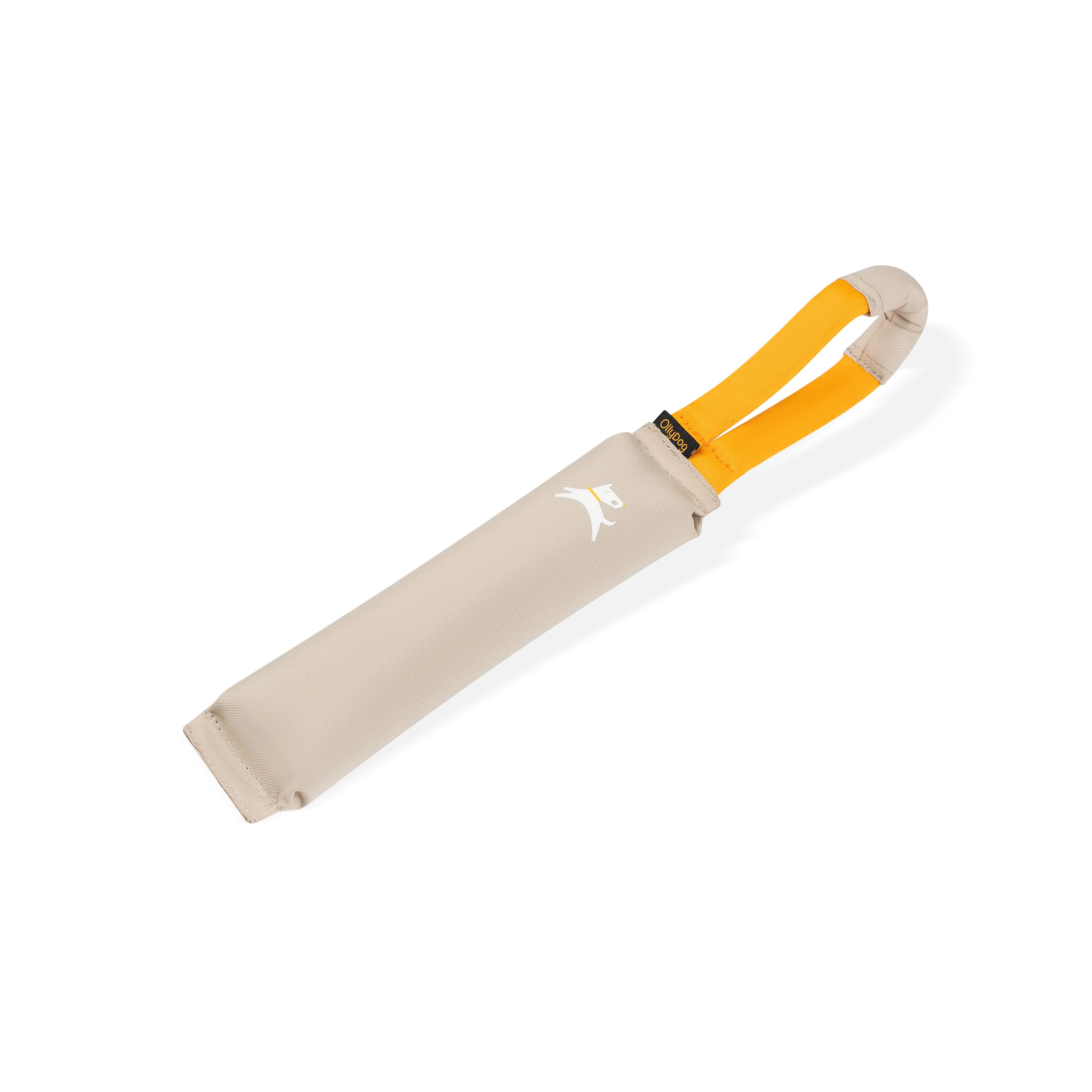 OllyDog Tugger dog toy in Con Leche color, made from recycled polyester with a sturdy yellow handle for tugging, fetching, or chewing. Lightweight, water-compatible, and crafted with non-toxic materials for safe play #color_con leche