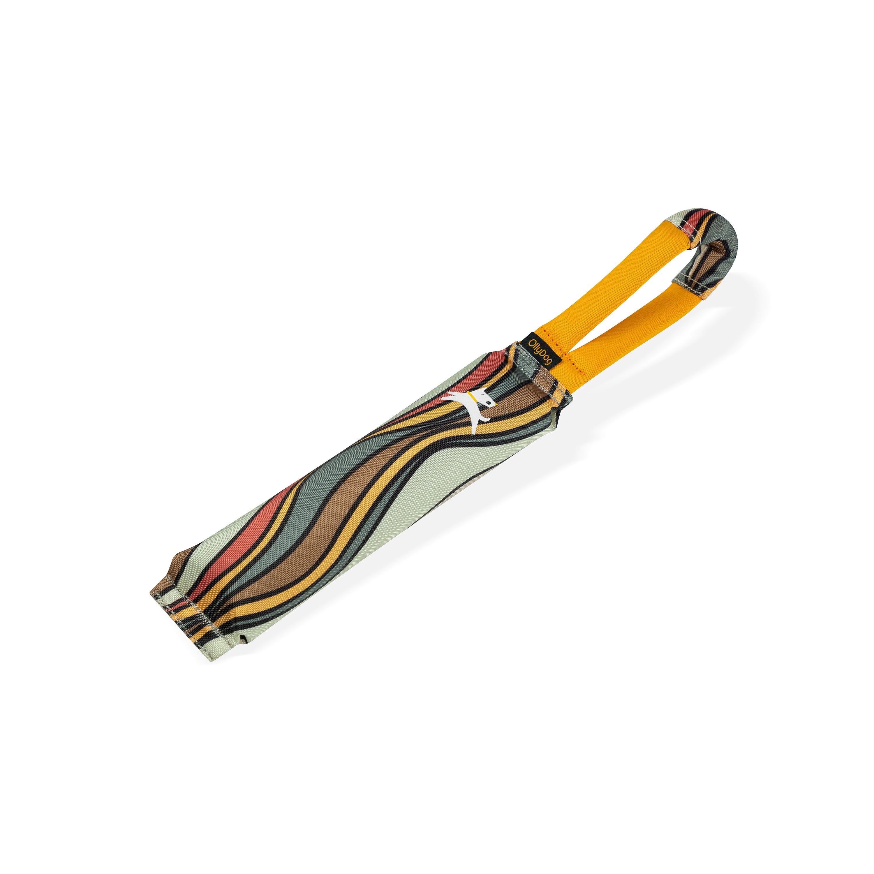Side view of the OllyDog Tugger interactive dog toy in Ventura '73 print, featuring multicolor retro stripes and a yellow handle, displayed on a white background #color_ventura '73