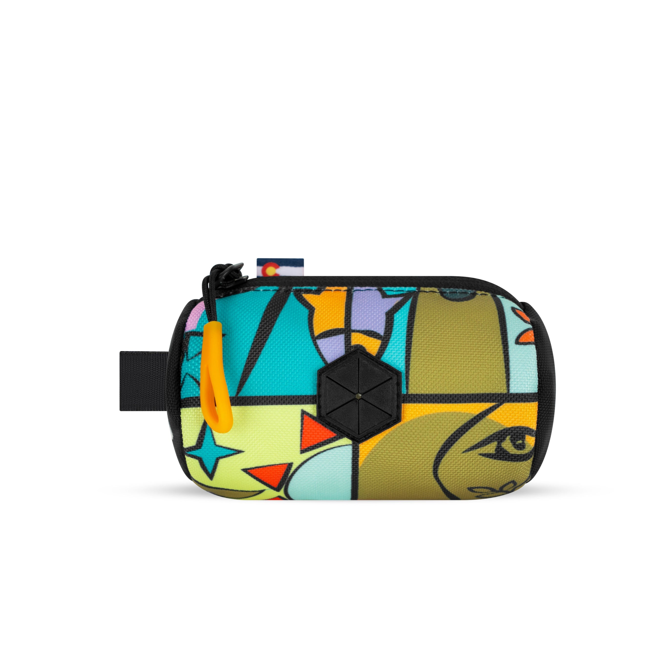 Front view of the OllyDog Scoop Pick Up Bag in Cloud9 print, made from recycled polyester with leash attachment and zipper closure #color_cloud9