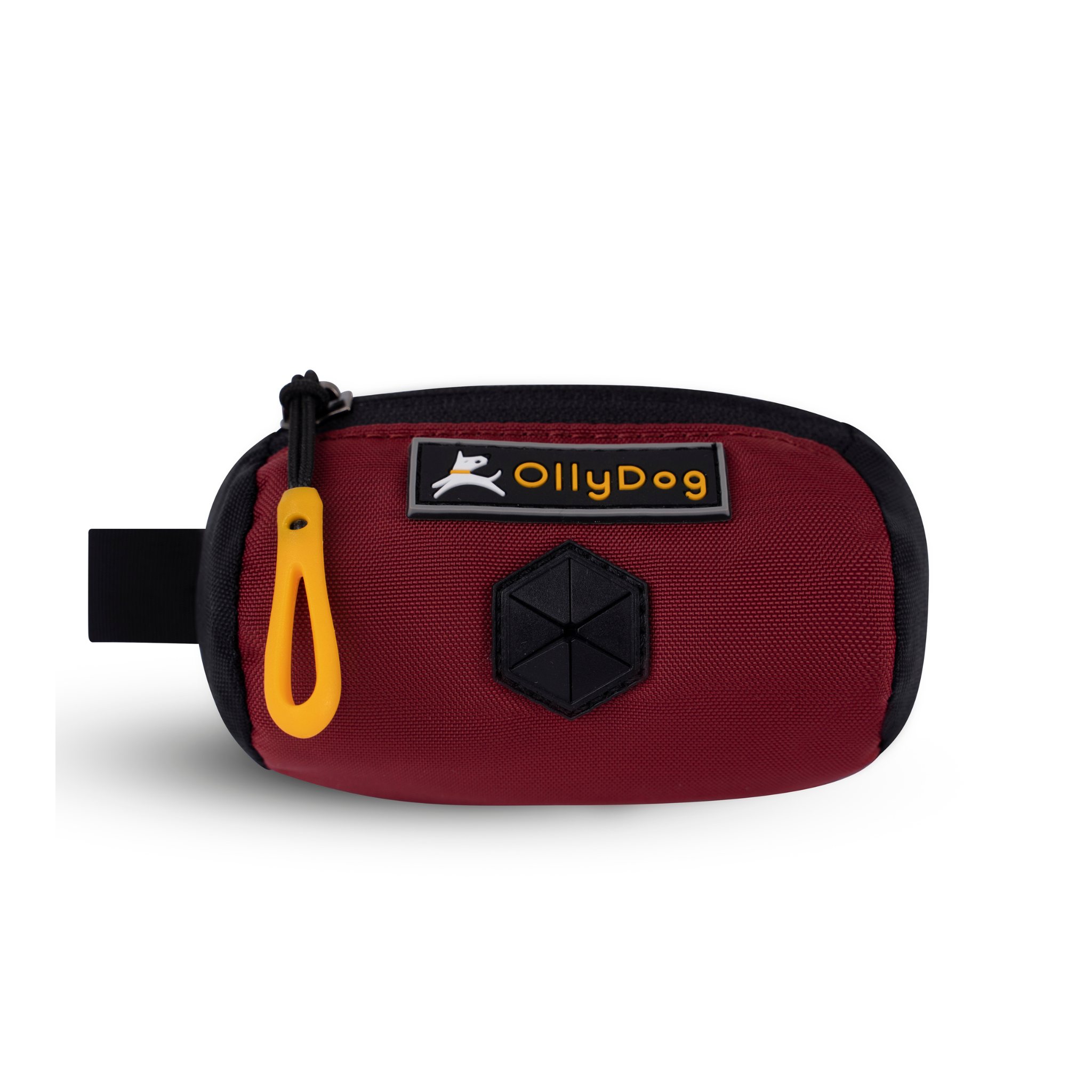 Flat front view of OllyDog’s Scoop Pick Up Bag in Vino. This doggie poop bag holder features a zipper closure, a snap button for quick attachment to a belt loop, and a rubber dispensing cover, making it an ideal doggie bag holder for leash. #color_vino