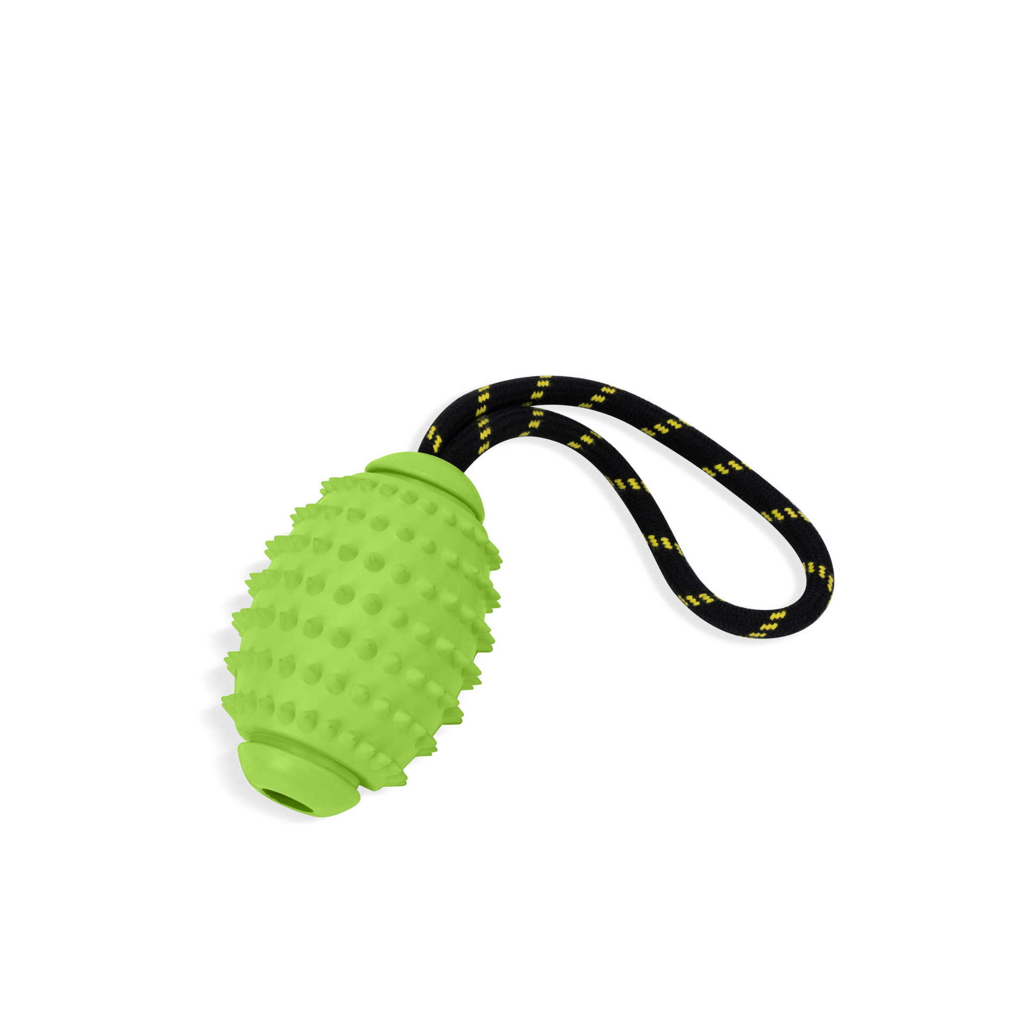 OllyDog Spikey Rugby dog toy in lime green, 4.75-inch natural rubber chew toy with rope handle, dental care design for light to moderate chewers, safe and durable tug toy for dogs under 50lbs #color_lime