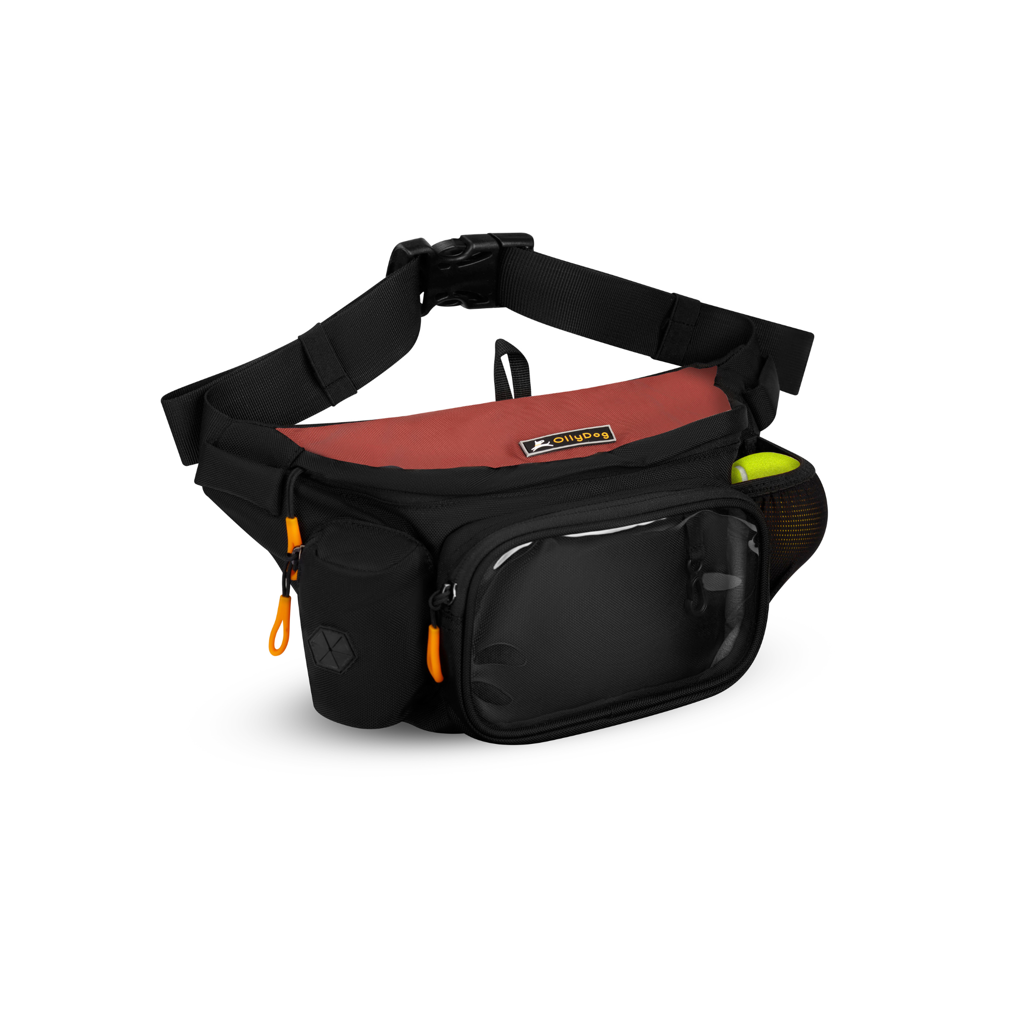OllyDog Trailblazer Pack dog fanny pack in cider color, eco-friendly recycled material, water-resistant design with zip closure, built-in waste bag dispenser, stretch pocket, transparent phone pocket, adjustable belt, lightweight hands-free storage for hiking, walking, and training, includes rubber ball #color_cider