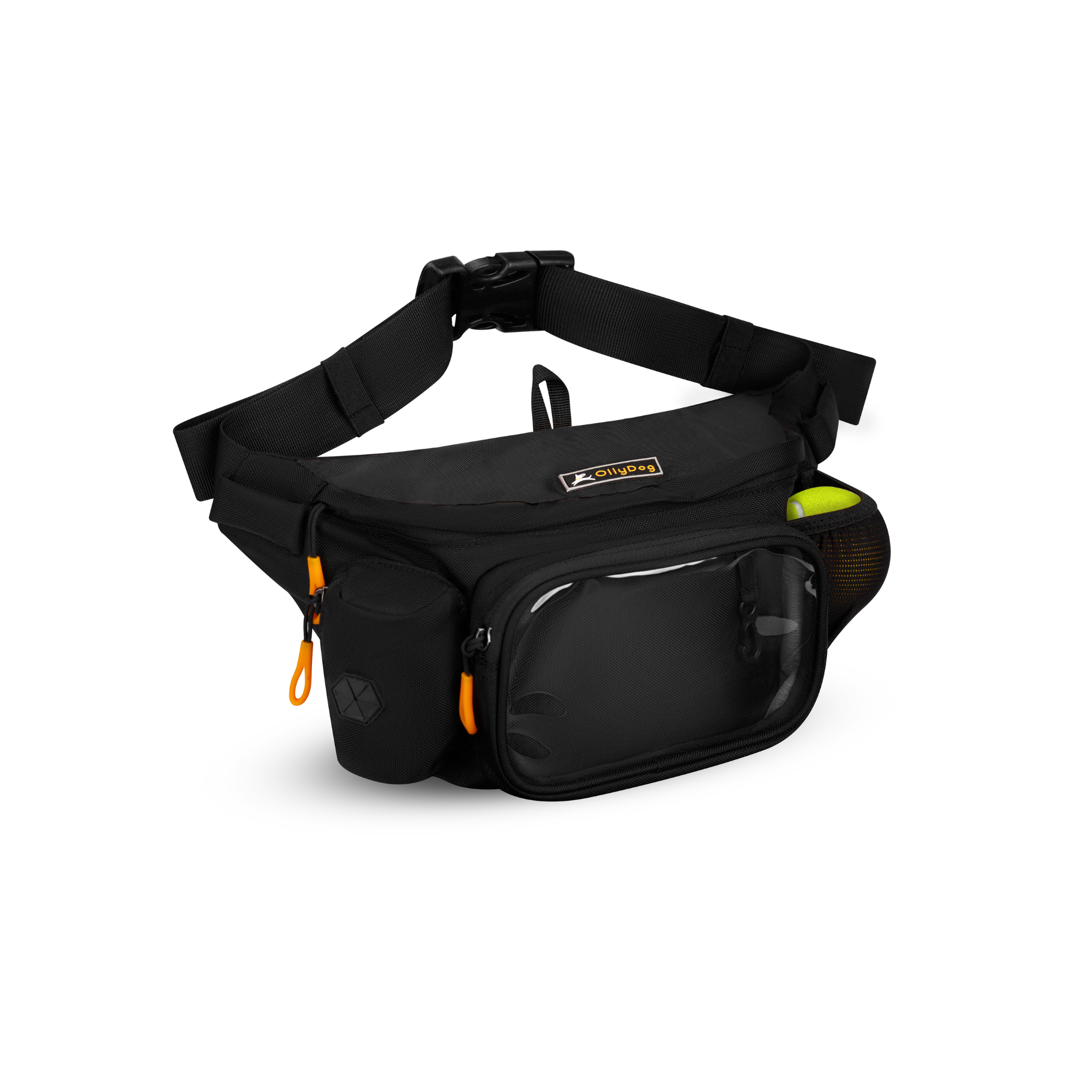 OllyDog Trailblazer Pack dog fanny pack in raven black, water-resistant recycled material, front zippered phone pocket with clear window, waste bag dispenser, side mesh pocket holding squeaky tennis ball, hands-free design for dog walking and hiking #color_raven