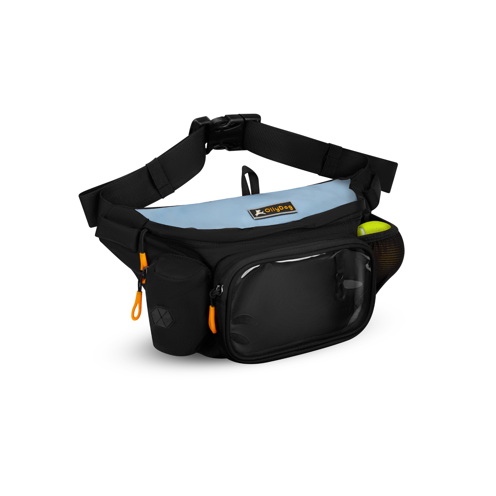 Front view of OllyDog Trailblazer Pack in Maui Blue color, showcasing water-resistant recycled material, adjustable strap, zippered phone pocket with clear window, side waste bag dispenser, and mesh pocket with a squeaky tennis ball #color_maui blue
