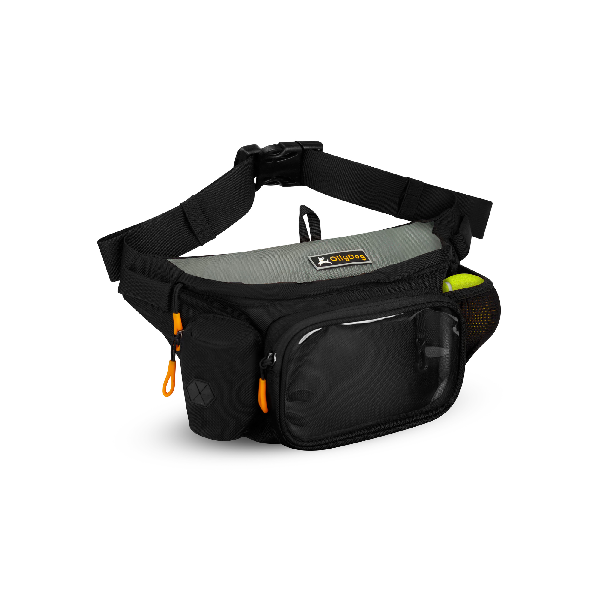 OllyDog Trailblazer Pack featuring a spacious main compartment, front zippered pocket, side mesh pocket, adjustable waist belt with secure buckle, and likely constructed from durable, water-resistant material for hands-free dog walking #color_juniper