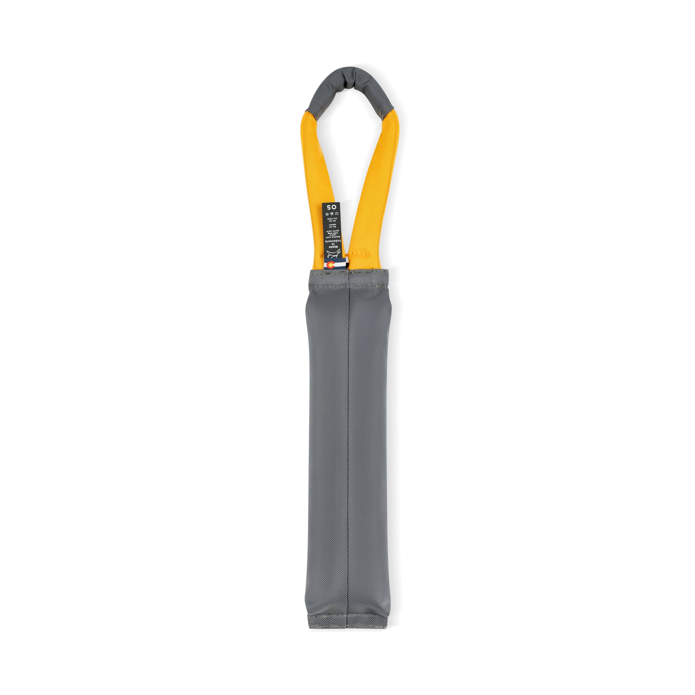 Back view of the OllyDog Tugger Toy in Castle Rock color featuring sturdy yellow handle and lightweight recycled fabric #color_castle rock