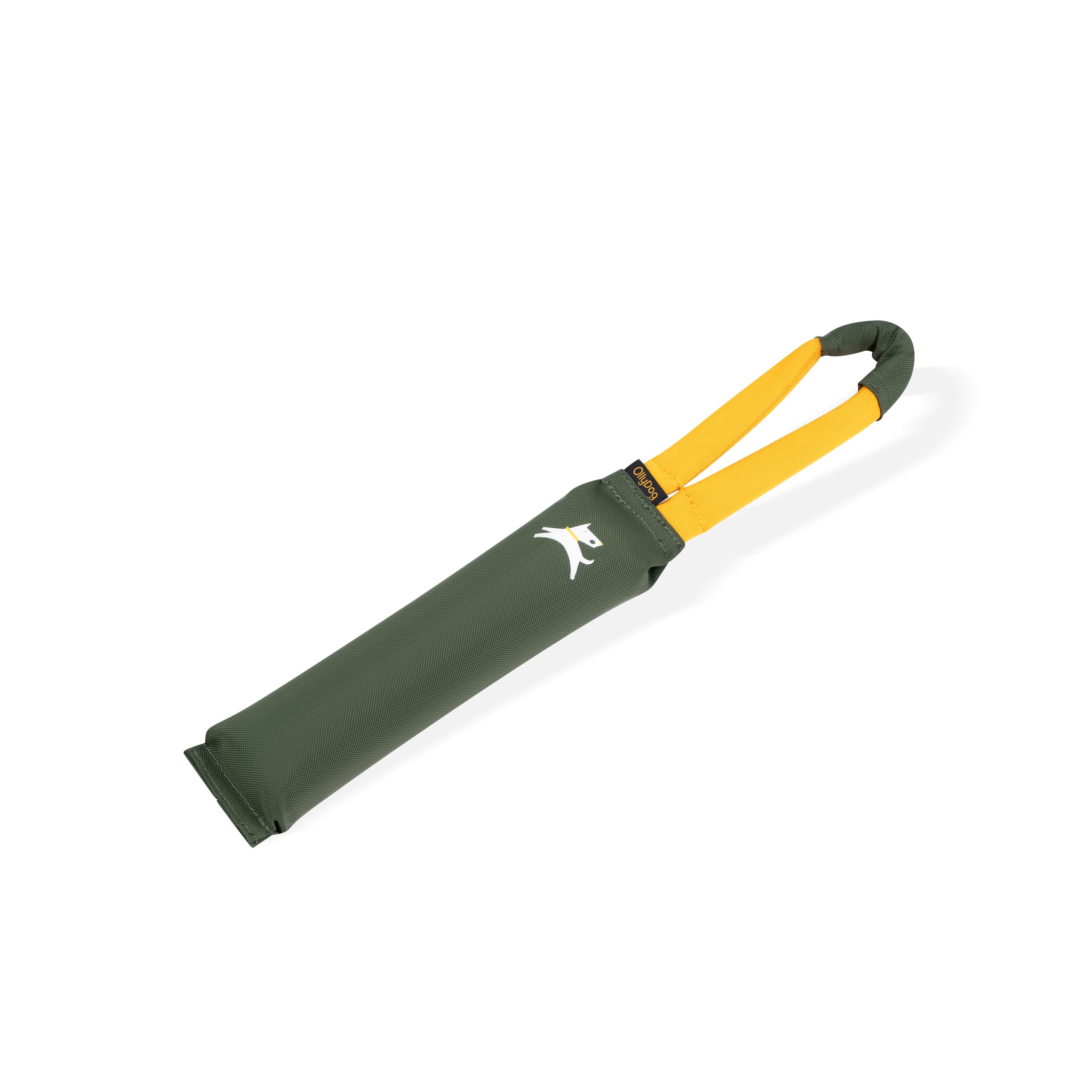 Side view of the OllyDog Tugger Toy in Winter Moss color with durable yellow handle and recycled fabric for tug and fetch play #color_winter moss