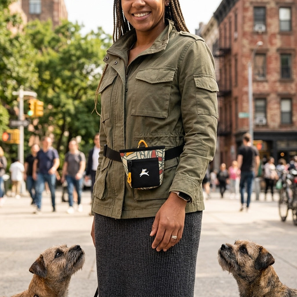 Lifestyle shot of a person wearing the OllyDog Goodie Treat Bag in fiori print around their waist while walking dogs on a city street. #color_fiori