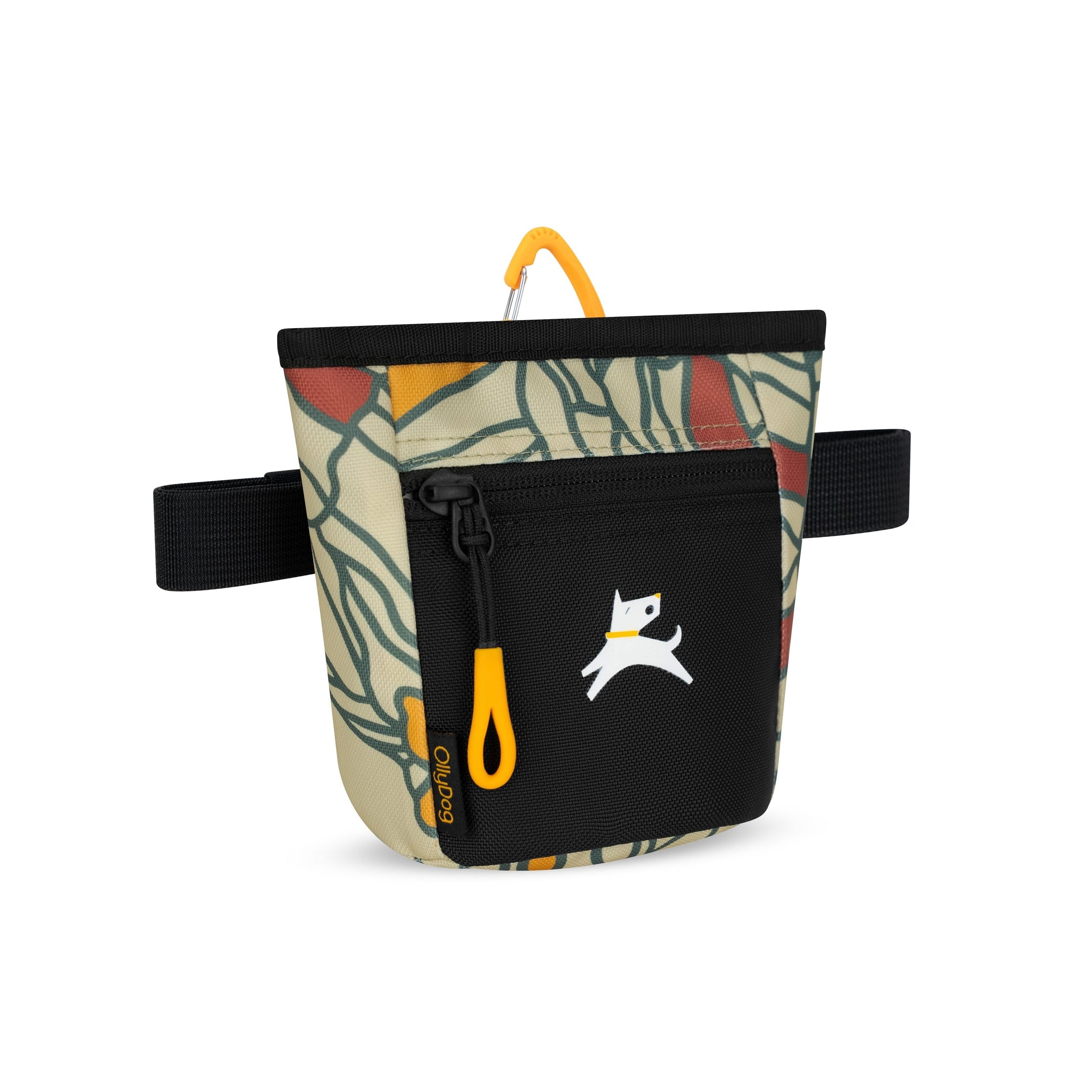 Side angle view of the OllyDog Goodie Treat Bag in fiori print featuring a hands-free design, front zipper pocket, and magnetic closure for dog training. #color_fiori