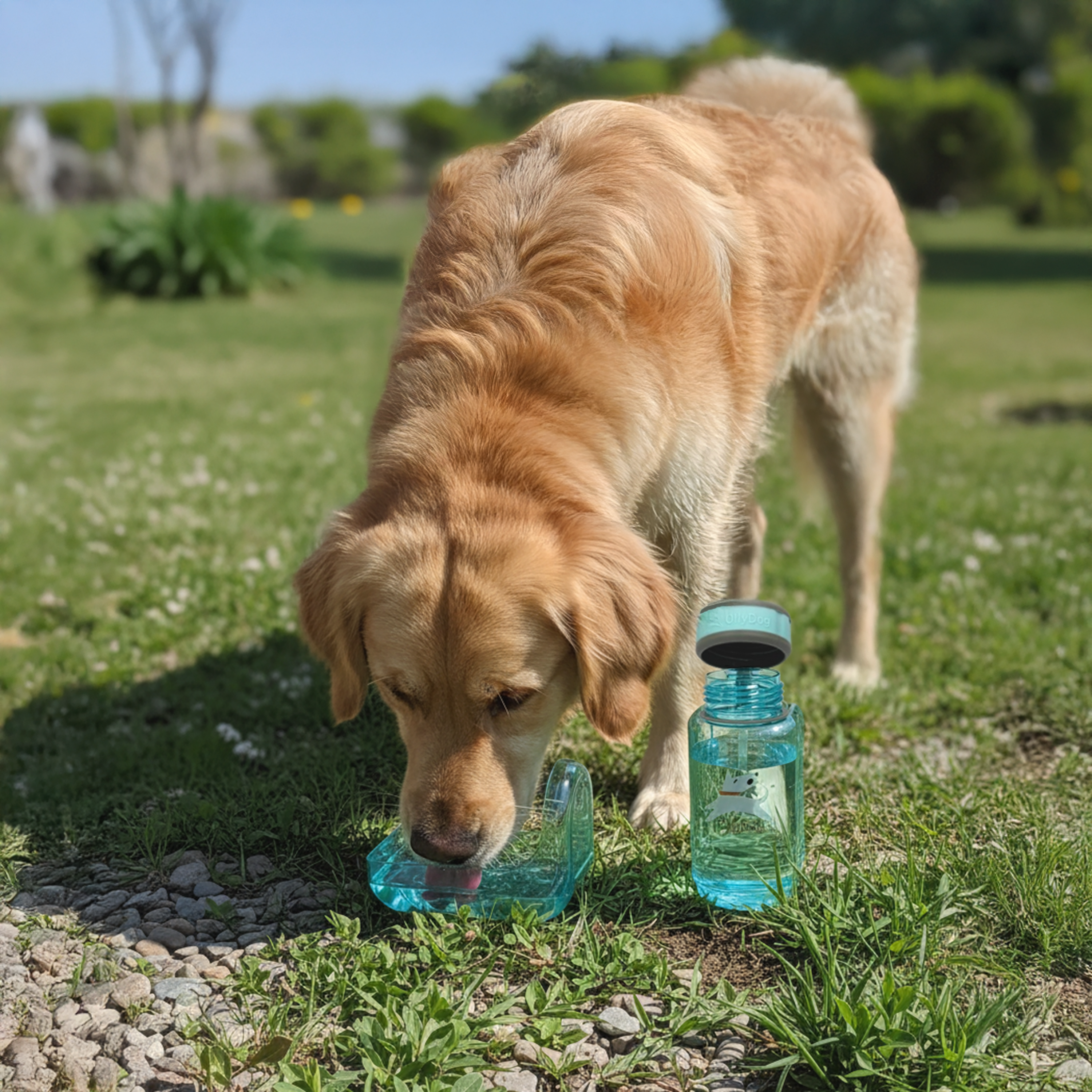 A Golden Retriever drinking fresh water from the OllyBottle's detachable bowl on a sunny day, demonstrating the easy-sharing travel design #size_aqua blue / 600ml