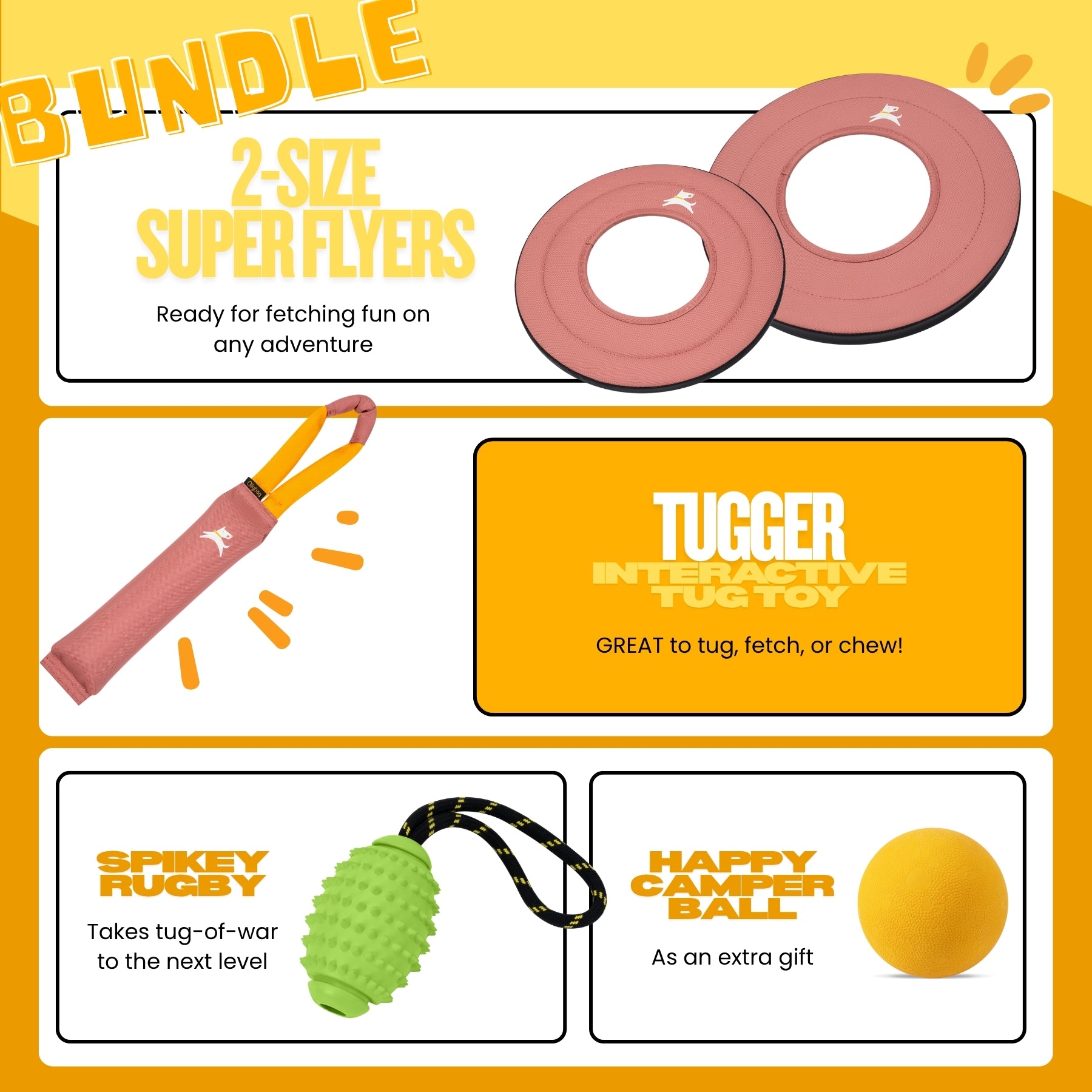 Product infographic for the OllyDog Desert rose toy bundle. It features a 2-size Super Flyer disc set for fetching, an interactive Tugger toy for tugging or chewing, a lime green Spikey Rugby toy for tug-of-war, and a free yellow Happy Camper Ball gift #color_desert