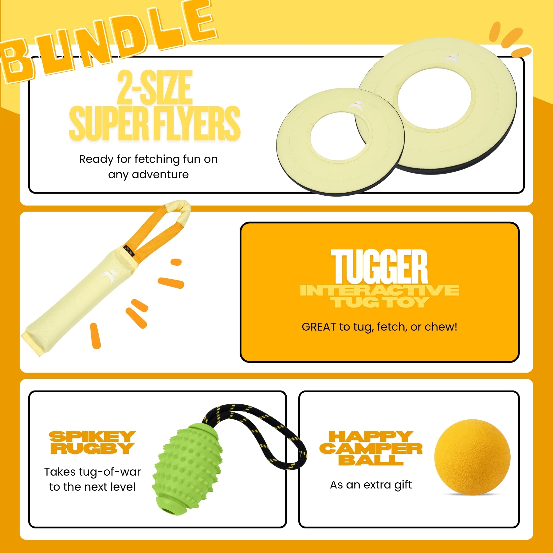 Product feature infographic for the OllyDog Sol yellow toy bundle. Includes two Super Flyer discs for fetching, an interactive Tugger toy for tugging and chewing, a lime green Spikey Rugby toy for tug-of-war, and a free Happy Camper Ball gift #color_sol