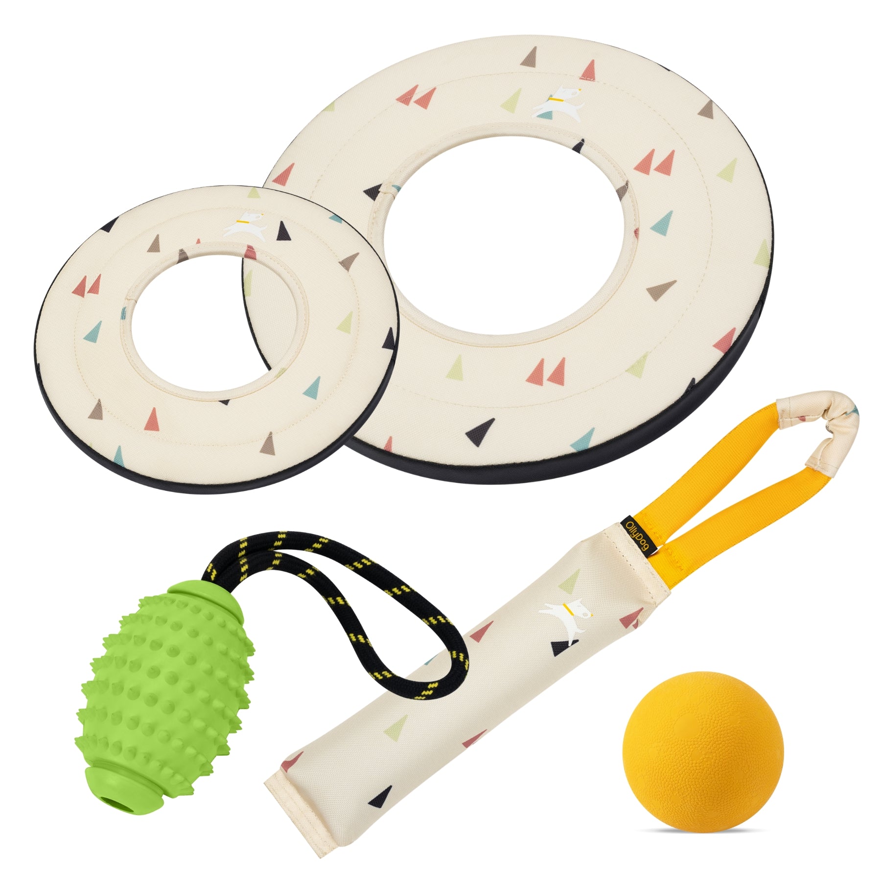 OllyDog Terrazzo pattern dog toy bundle featuring a cream-colored base with multi-colored geometric triangles. Set includes two fabric flyers, a matching canvas tugger with yellow handles, a lime green spikey rugby toy, and a solid yellow ball #color_terrazzo
