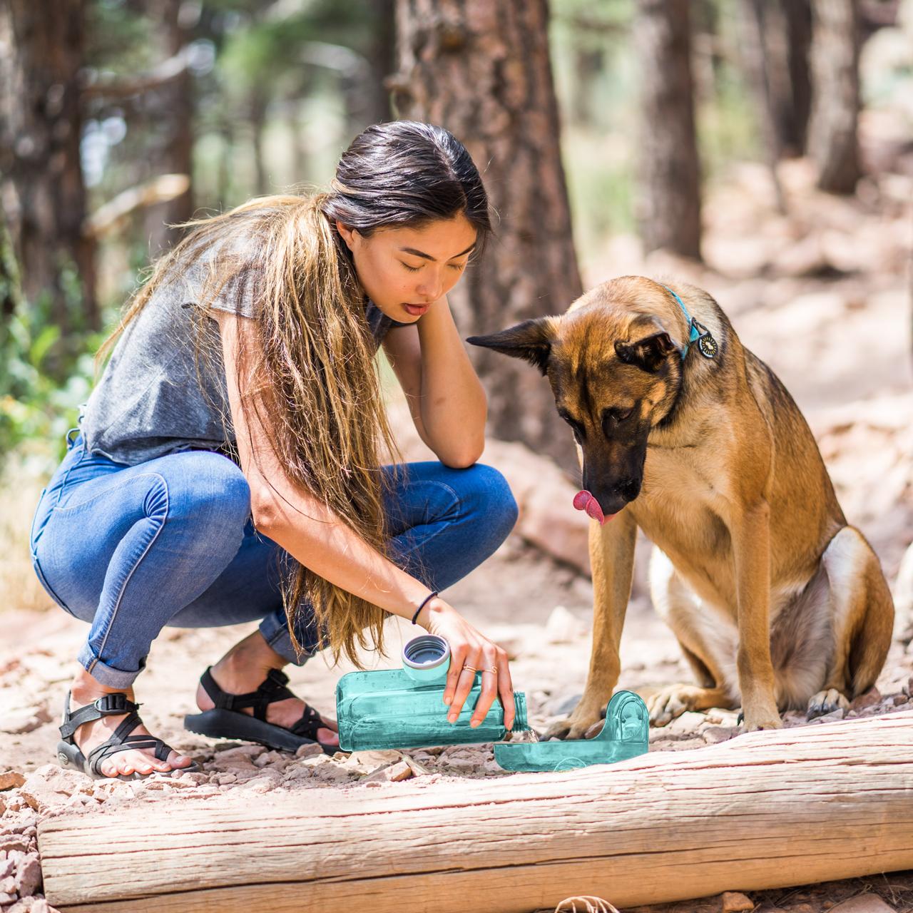 A woman pouring water from a 1L Aqua Blue OllyBottle into the detachable bowl for her German Shepherd while hiking on a forest trail #size_aqua blue / 1l