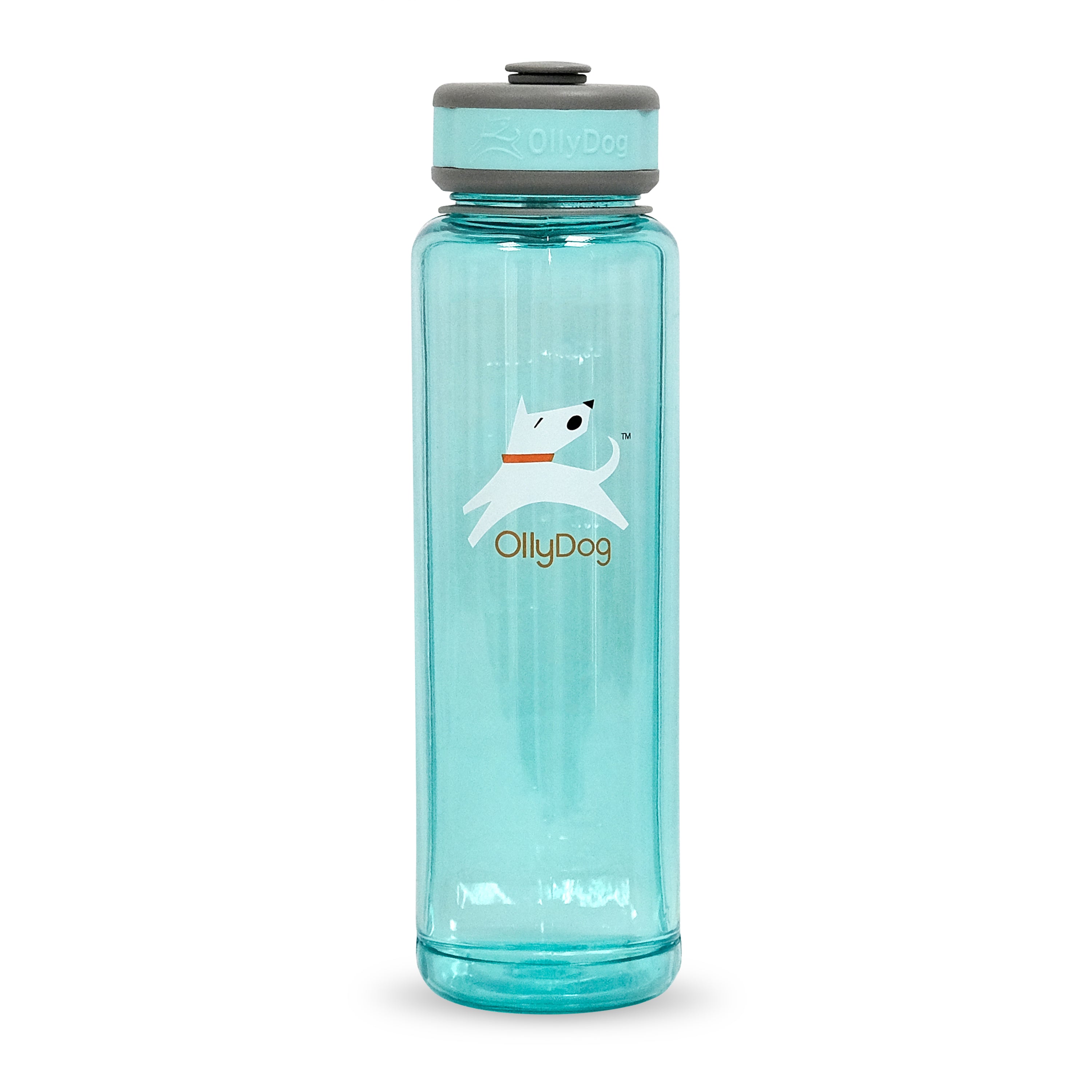 OllyBottle 1L Aqua Blue front view showing the patented integrated dog bowl and BPA-free plastic design #size_aqua blue / 1l