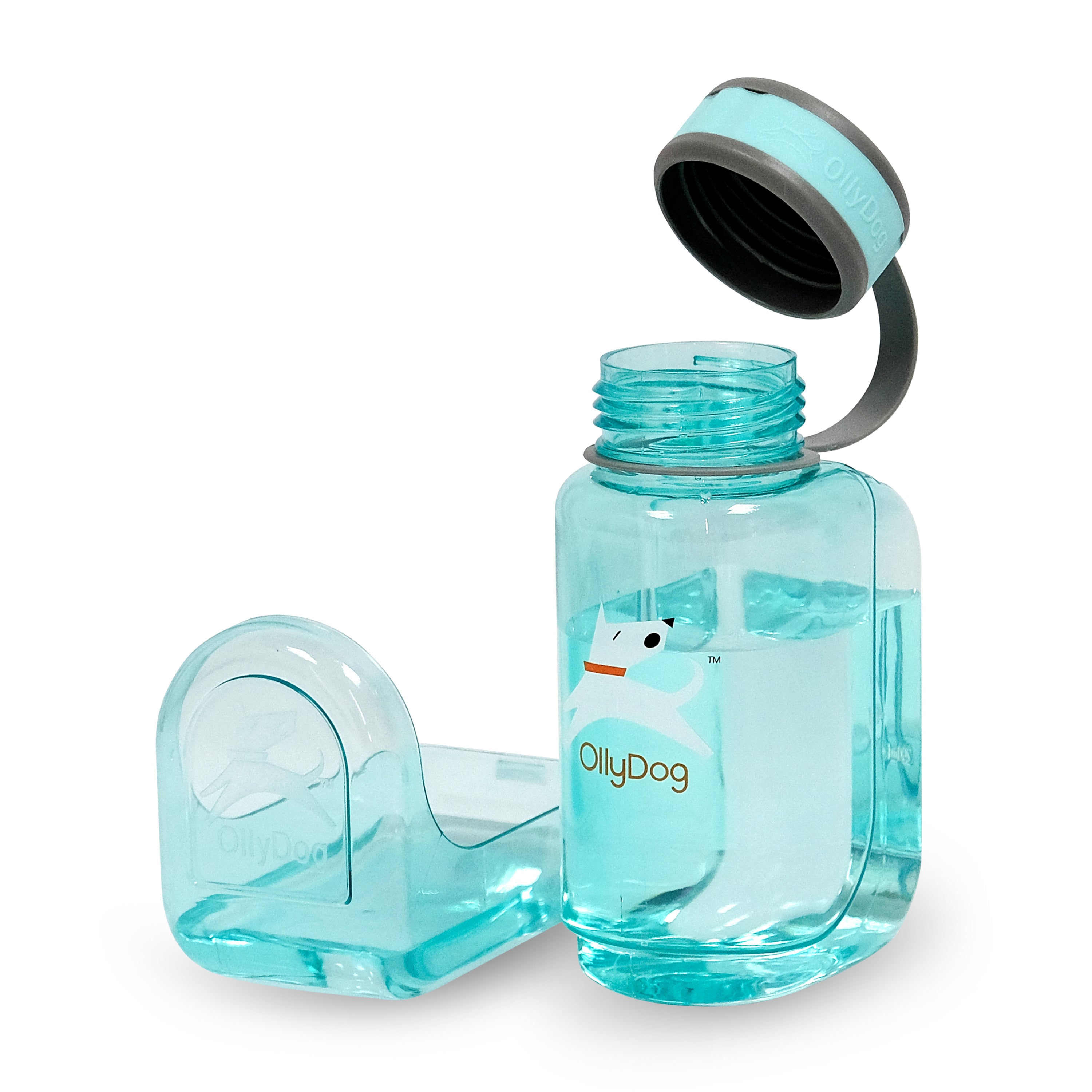 600ml Aqua Blue OllyBottle with the cap open and detachable bowl removed to show the easy-clean travel design #size_aqua blue / 600ml