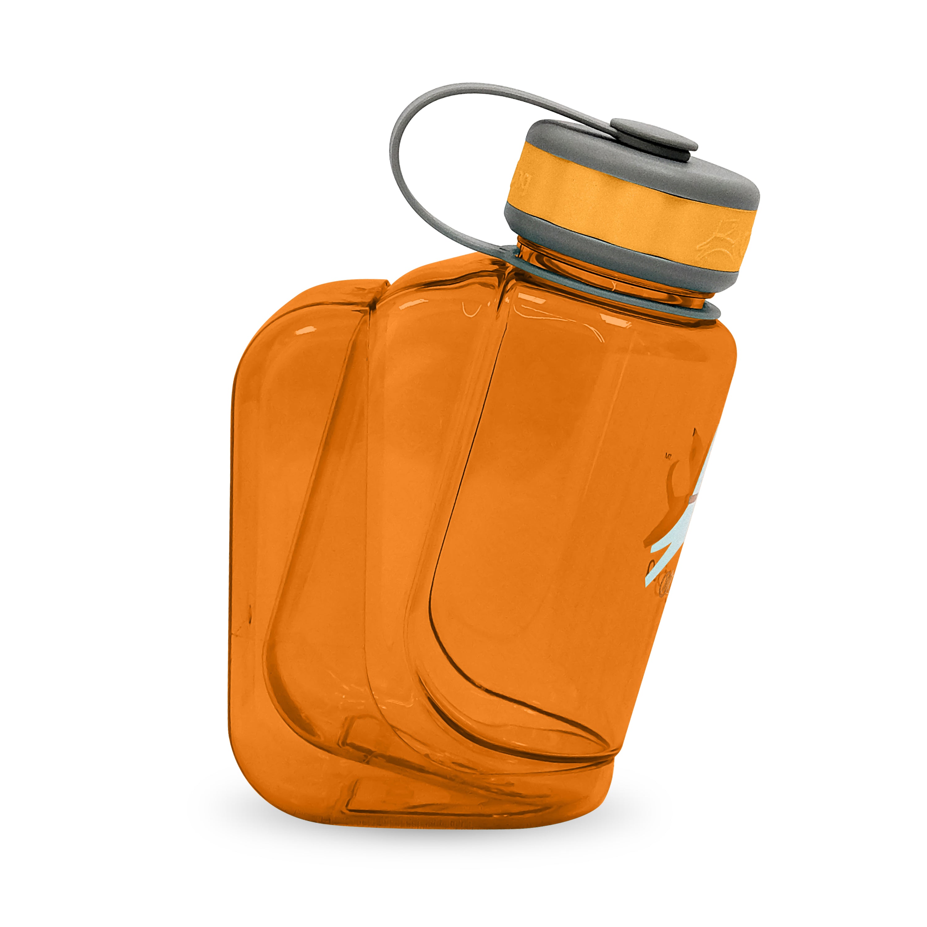 Close-up detail view of the OllyBottle 600ml portable dog water dispenser in flame orange showing its integrated detachable bowl design #size_flame - 600ml